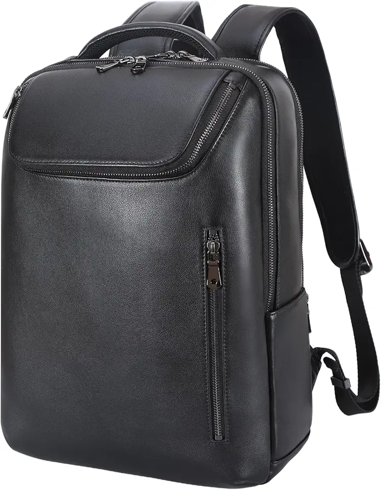 TIDING Leder Laptop Rucksack 15,6 Zoll Business Lederrucksack Schulrucksack Büro Laptoptasche Daypack für Damen und Herren, Schwarz