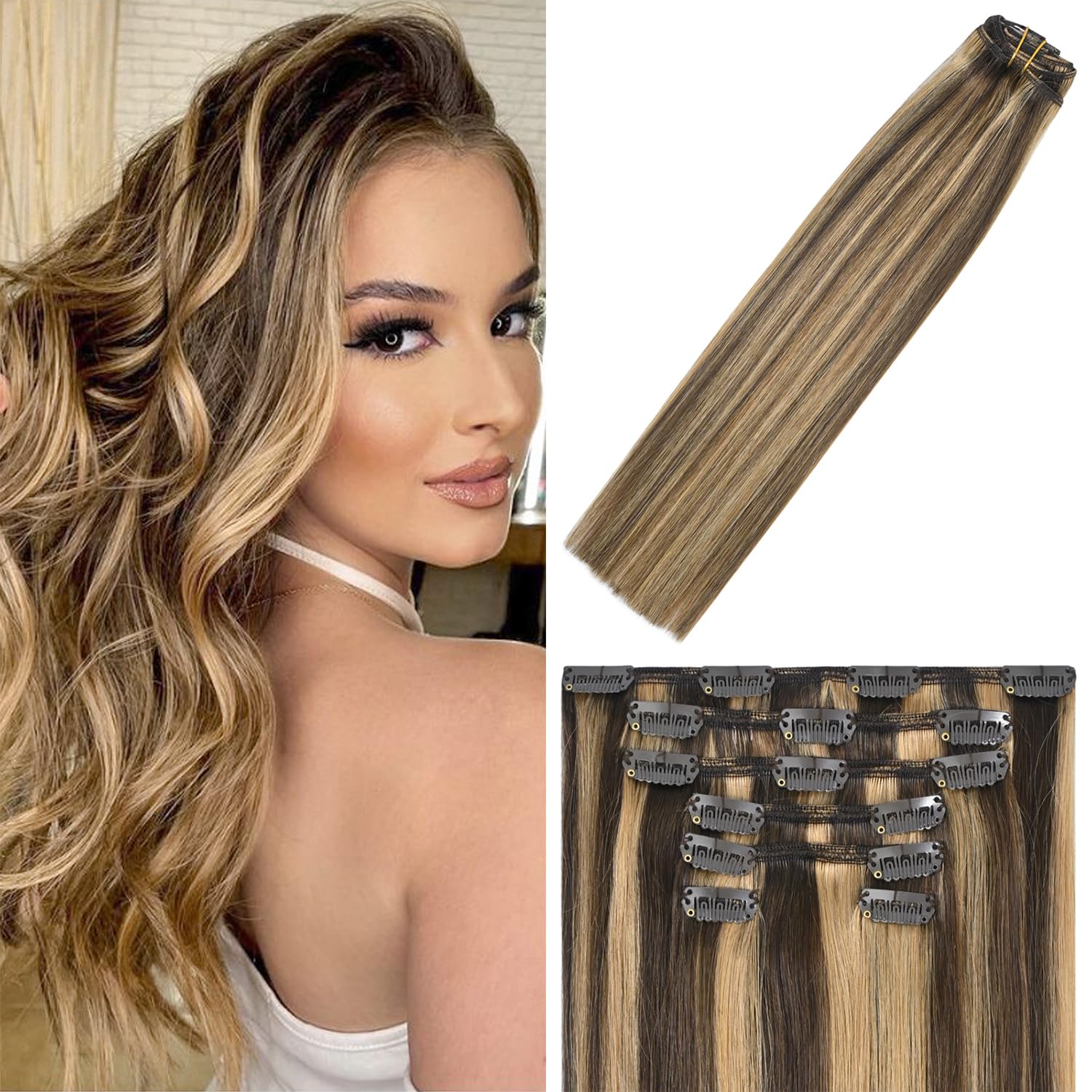 WindTouch Clip in Hair Extensions Balayage Chocolate Brown to Dark Blonde Hair Extensions For Women 15Inch 75g Blonde Human Hair 7PCS #4p27