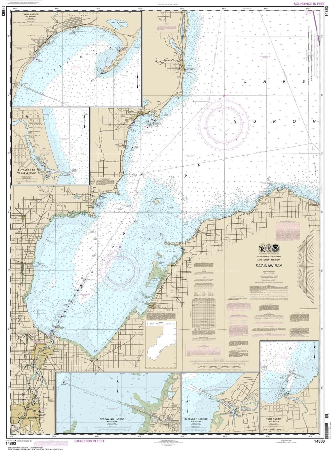 Paradise Cay Publications, Inc. NOAA Chart 14863: Saginaw Bay; Port Austin Harbor; Caseville Harbor 34.7 x 47.2 (Traditional Paper)