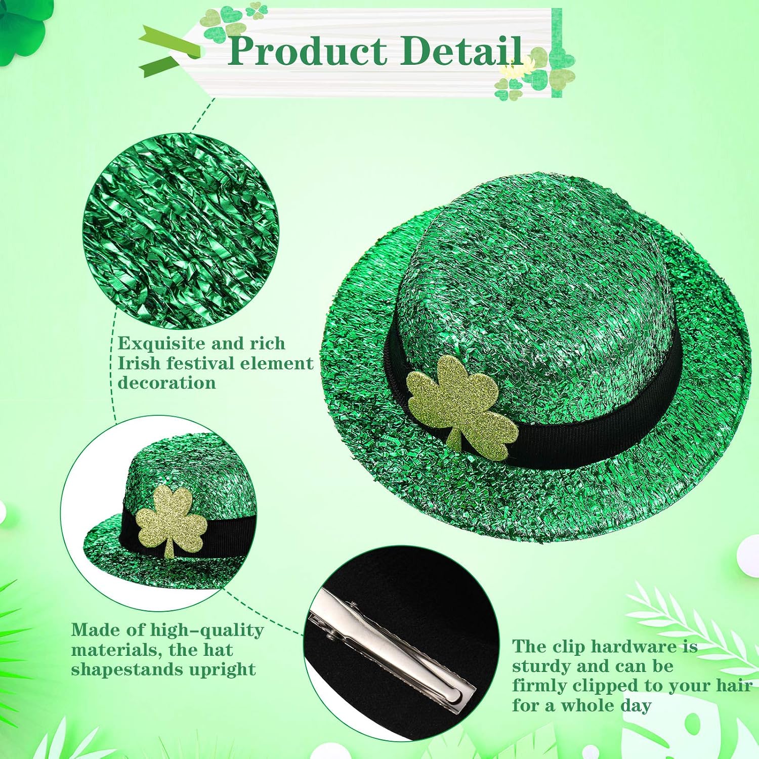 Chuangdi 6 Pieces St. Patrick's Day Party Hat Hairpins Leprechaun Hats Mini Hat Hair Clips Irish Green Accessories for Women Girls, St. Patrick's Day Decorations