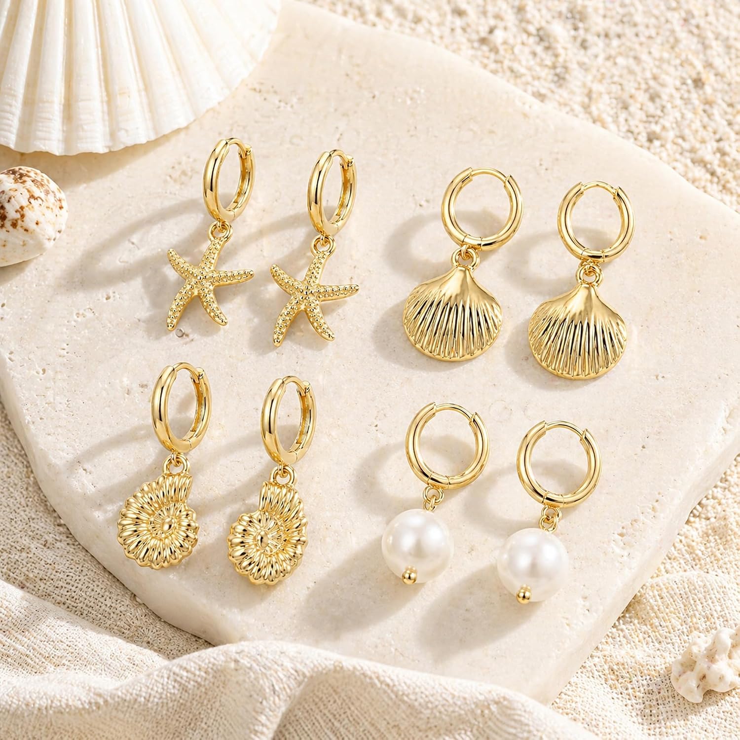 4 Pairs Huggie Hoop Beachy Earrings Set for Women, 14K Gold Plated Ocean Elements Hoop Dangle Drop Earring - Shell/Starfish/Conch/Pearl Earrings- Trendy Summer Beach Jewelry Gift
