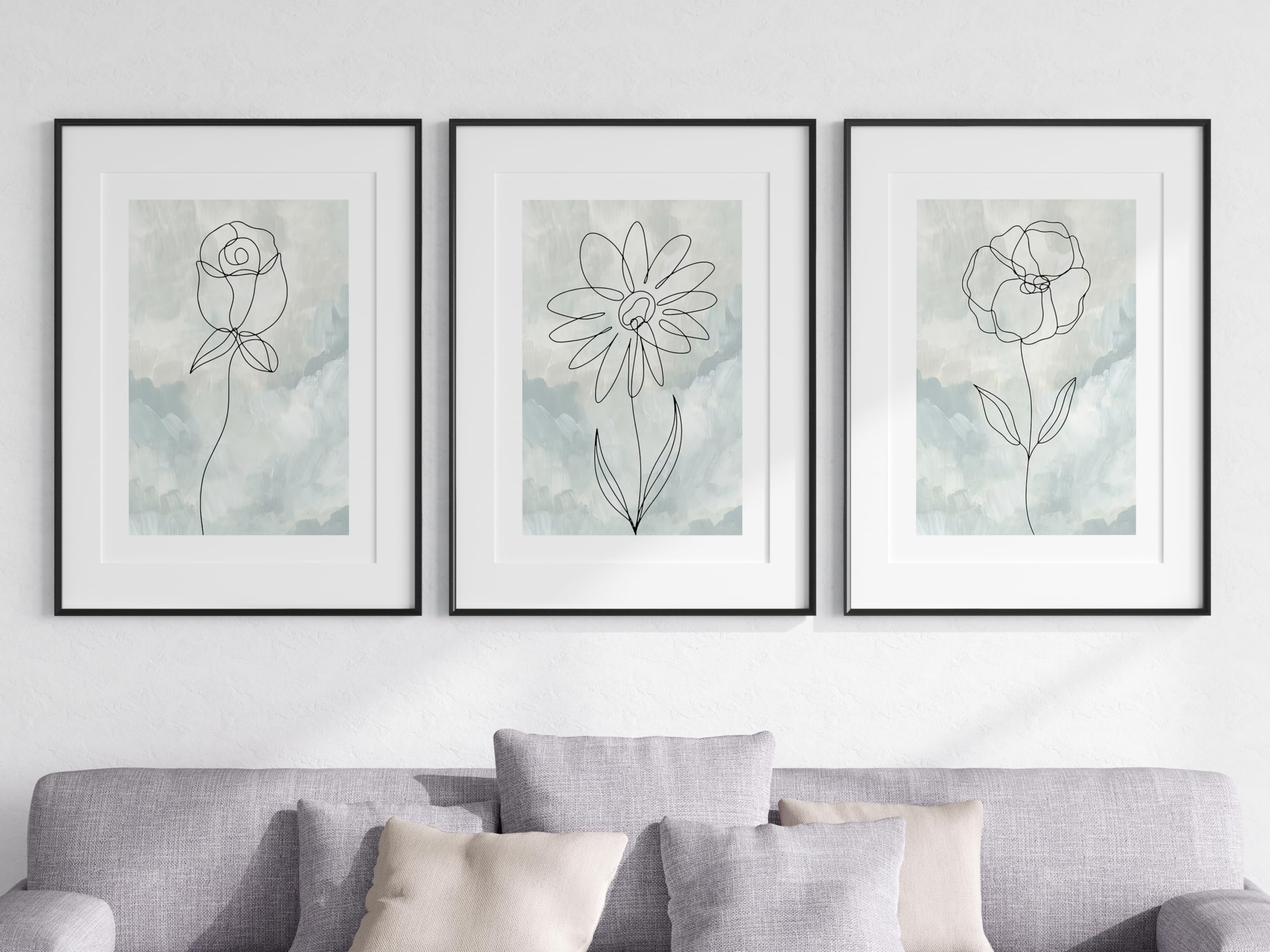 Green Flower Botanical Line Art Set of 3 Unframed Prints, Minimalist Abstract Wall Art Decor, Rose Sunflower Poppy Flowers