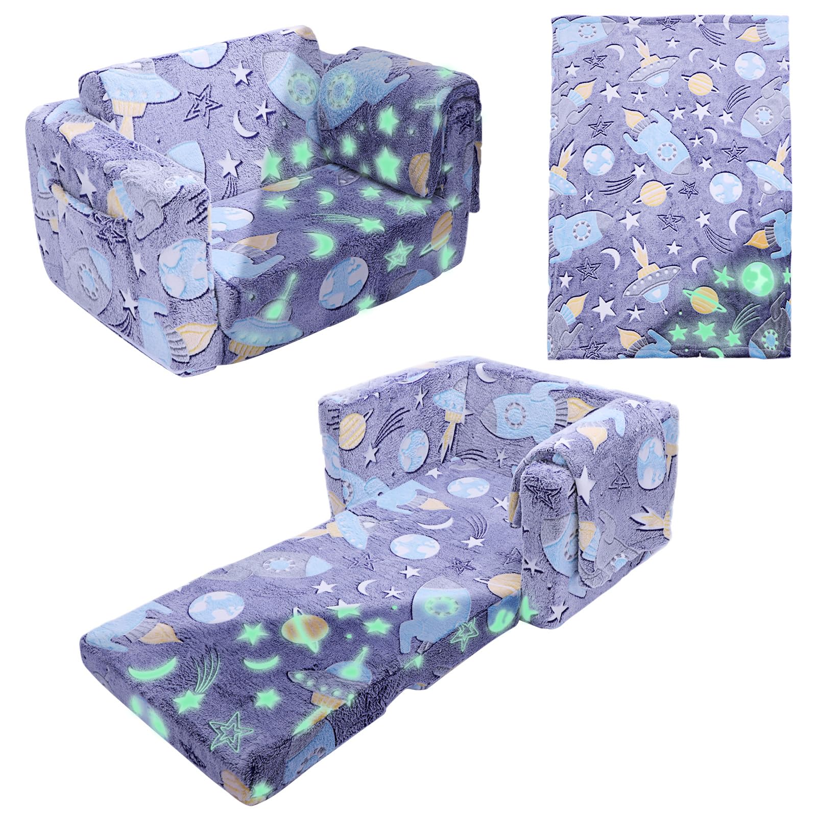 Sofá Cama para Niños 2 en 1 Extra Ancho, Sofá Plegable para niños, Sofá Infantil Plegable de Sherpa Suave con Dinosaurio Brillante, Cama Convertible para Niños/Niñas (Astronautas)