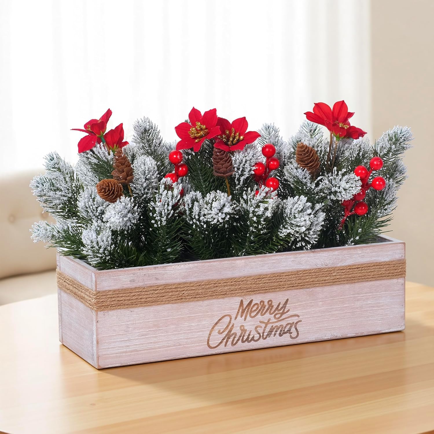 SVENJBB Christmas Table Centerpiece Decorations with Red Poinsettias, Snowy Norfolk Pine, Berries & Pine Cones in Wooden Box with “Merry-Christmas” Printing