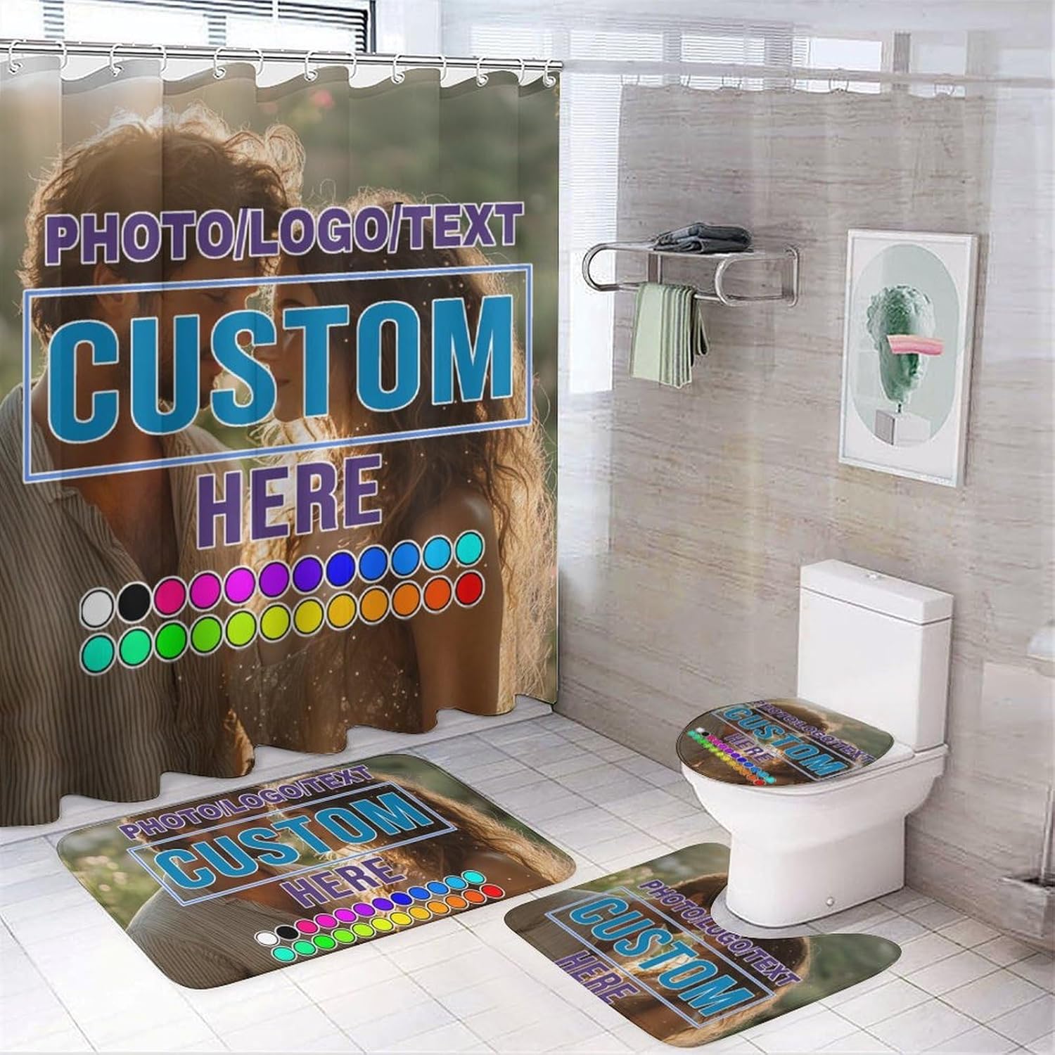 Custom 4-Piece Bathroom Set Personalized Shower Curtain with Hooks Non-Slip Bath Mat U-Shaped Toilet Mat & Toilet Lid Cover Custom Photo/Text/Logo