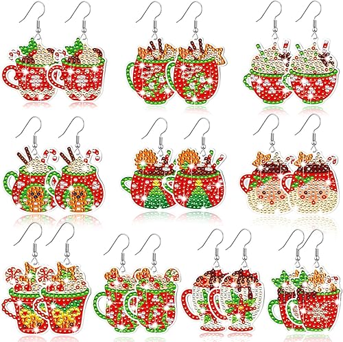 10 pares de aretes de pintura de diamante en forma de cacao caliente de Navidad, kit de aretes de arte de diamante de Navidad, pintura de diamante,