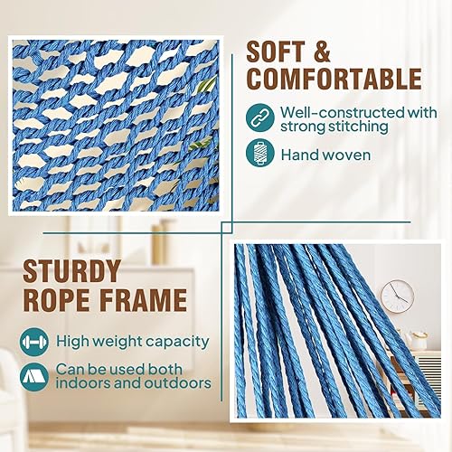 Miniatura 3 de Chihee Silla de hamaca súper grande, silla colgante de cuerda de algodón hilado suave, plegable y resistente, barra esparcidora de metal resistente,