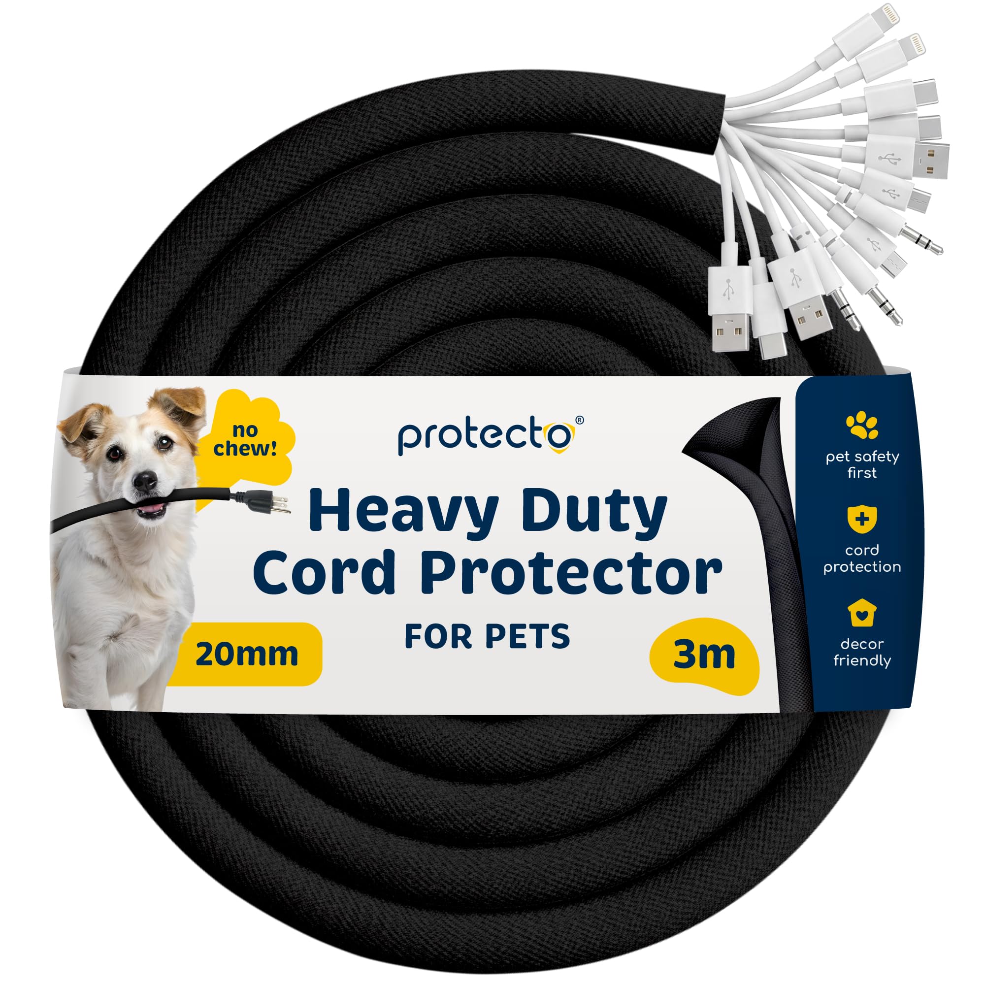 PROTECTO Heavy Duty Dog & Cat Cord Protector 3m Long Sleeve, Easy to Use 20mm in Cord Cover for Pet, Odorless Black Color, No Chew Solution for Power, Audio & Video Wire Tubing, Fits 8-13 Cables