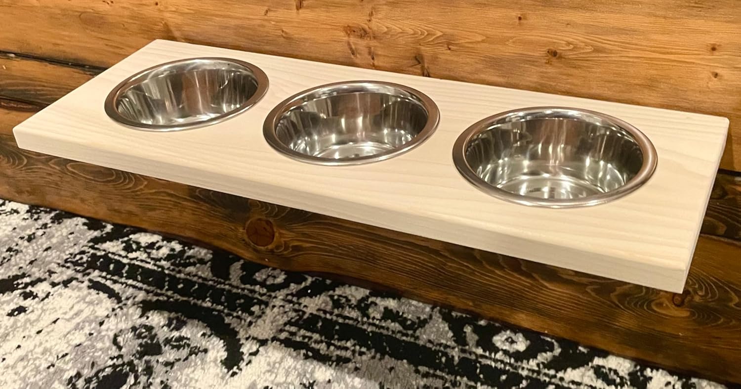 Chic, Floating, Wood, Height-Flexible Wall Mount Dog/Cat/Pet Food & Water Bowl Holder/Feeder with 3 S.S. Dishwasher-Safe Bowls (~ 7/8 Pints / 14 oz / 400 ml) for Small Pets. 2-Screw Installation