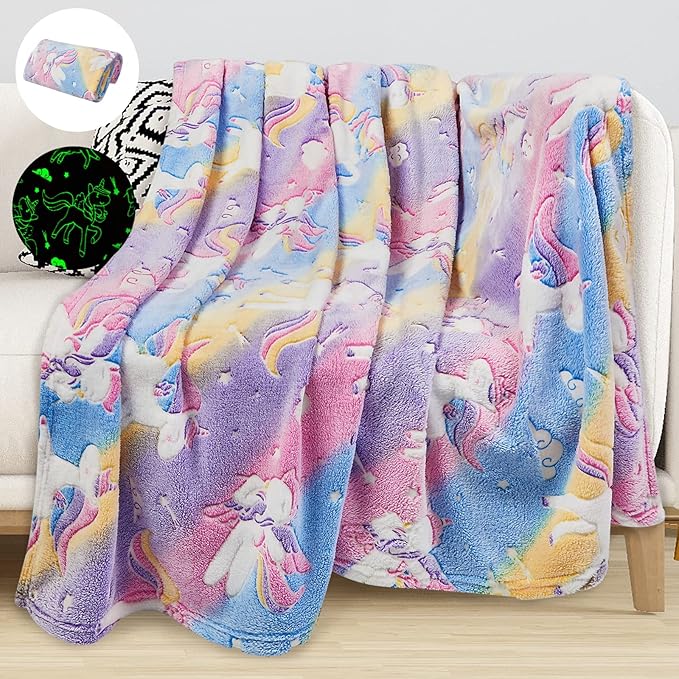 Glow in The Dark Throw Blanket, Luminous Unicorns Blanket for Boys Girls, Super Soft Fuzzy Flannel Furry Fleece Blanket, Perfect for Bed or Sofa, Personalized Kids Gifts (Colorful Unicorns, 50