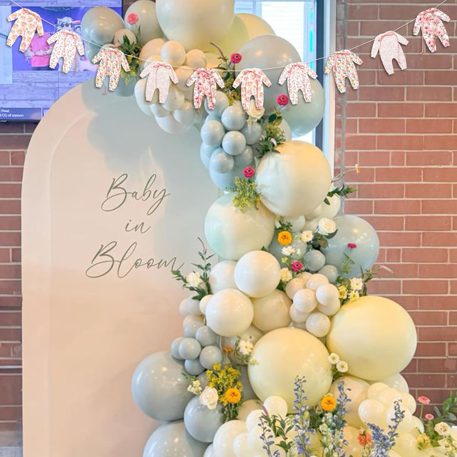 Flower Baby Shower Bow Banner - Baby In Bloom Garland, Baby Shower, Birthday, Anniversary, Gender Reveal Party Decoration Supplies, Floral Baby Clothes Banner Photo shoot background props - Image 3