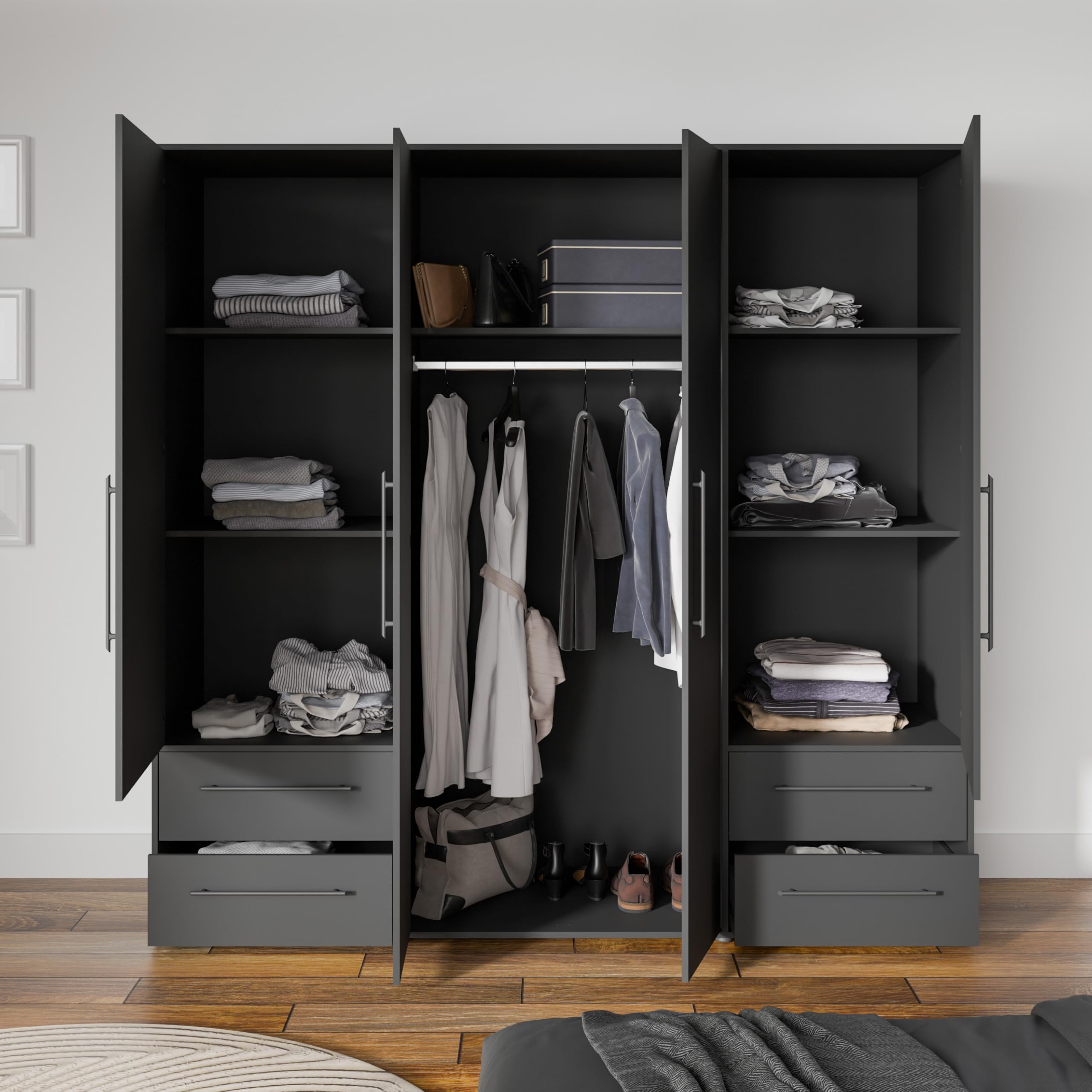 Forte Jupiter 200 210 - Armadio a 4 ante a 4 ante con 4 cassetti, in legno, colore nero opaco, larghezza 205,9 cm, altezza 200,1 cm, profondità 58,8 cm