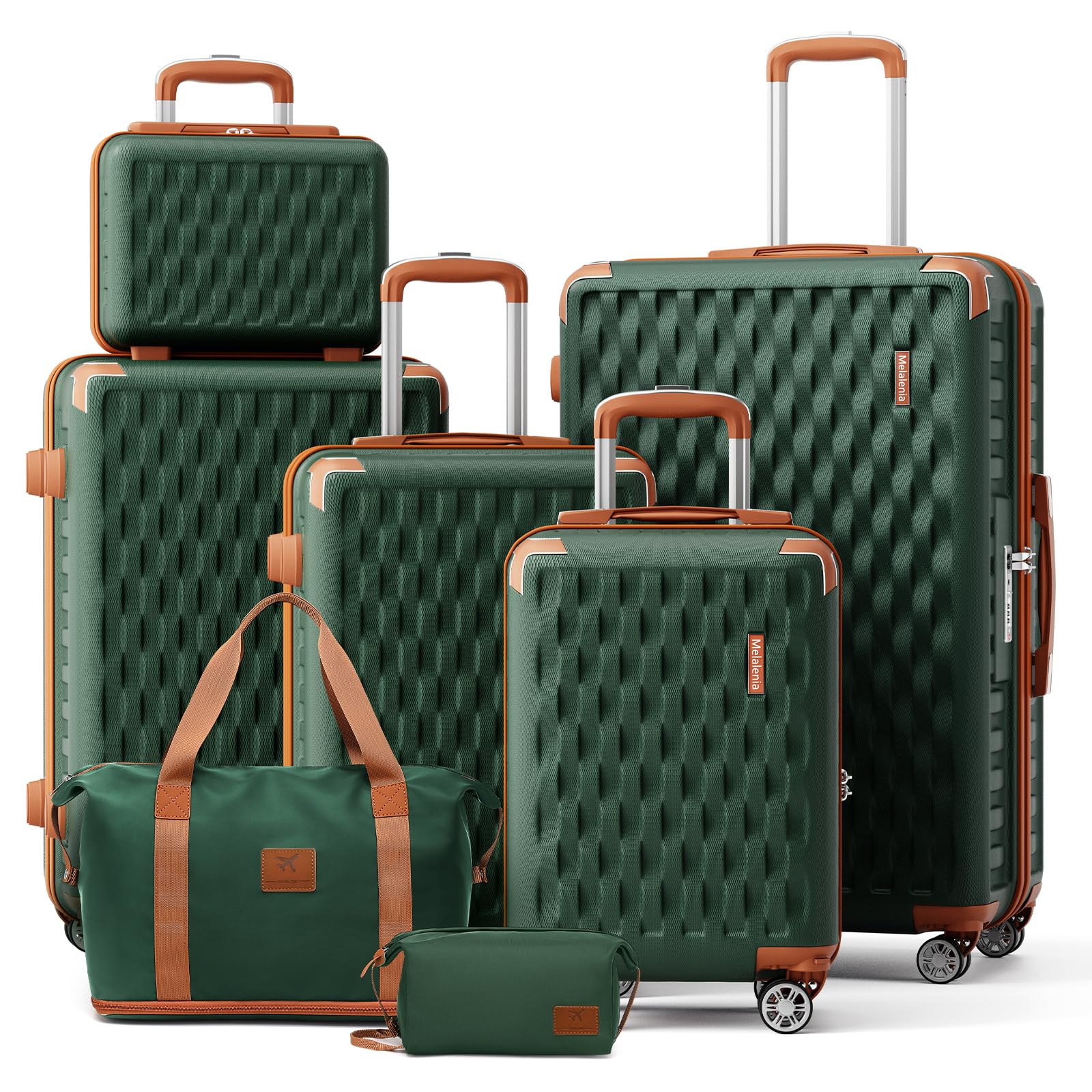 Melalenia Set Valigie 7 pezzi guscio rigido ABS 4 ruote serratura TSA Verde | Borsa viaggio espandibile e borsa bagno inclusi. Annidabili, cerniere YKK, protezioni angolari, ruote doppie 360° silenziose