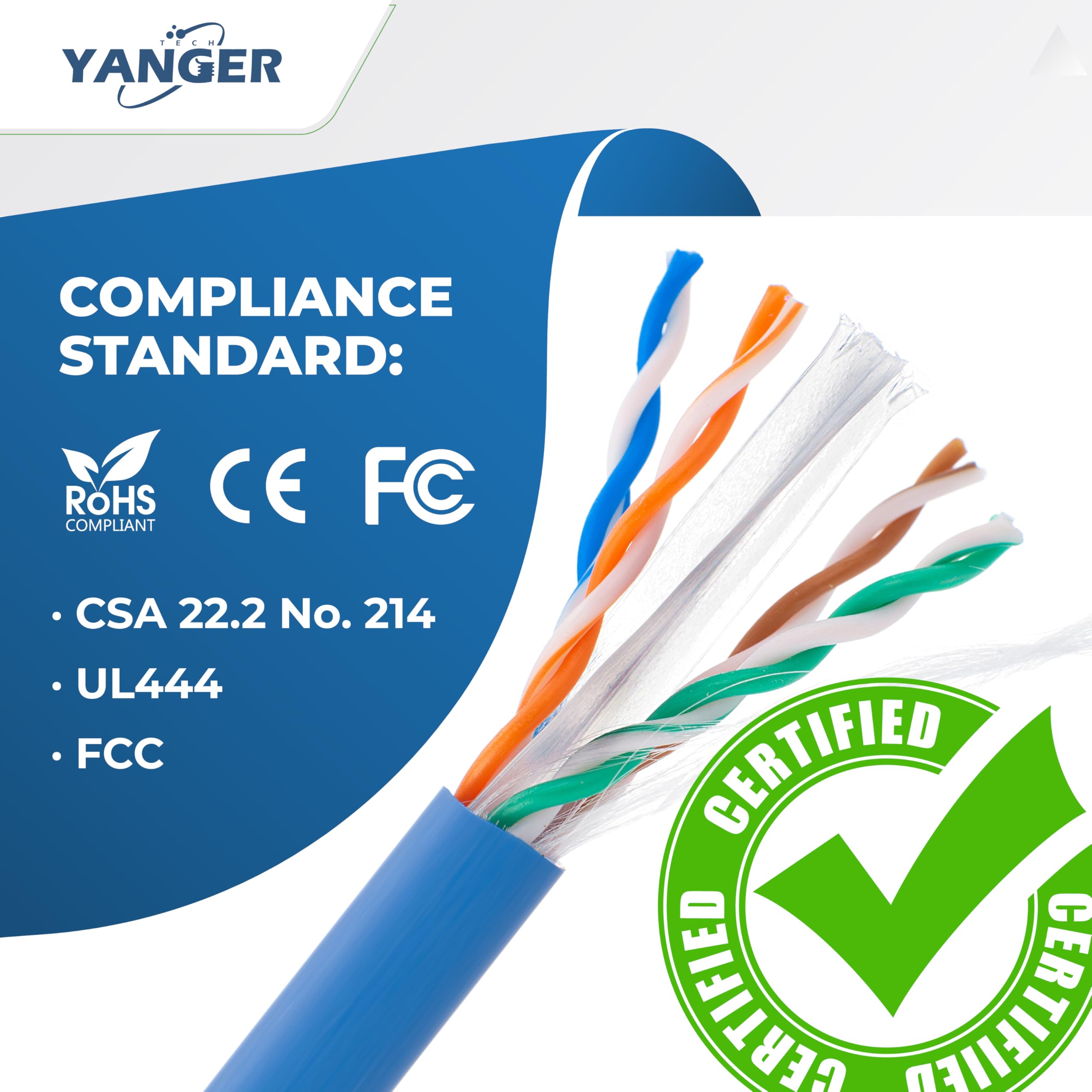 YANGER Cable Ethernet CAT6 152M - 23AWG Cobre Puro 100%, 10 Gigabit, POE++, UTP, para Centro de Datos/Oficina/Dispositivos Hogar Inteligente 4K/8K/VR, Cable LAN en Bobina, Azul