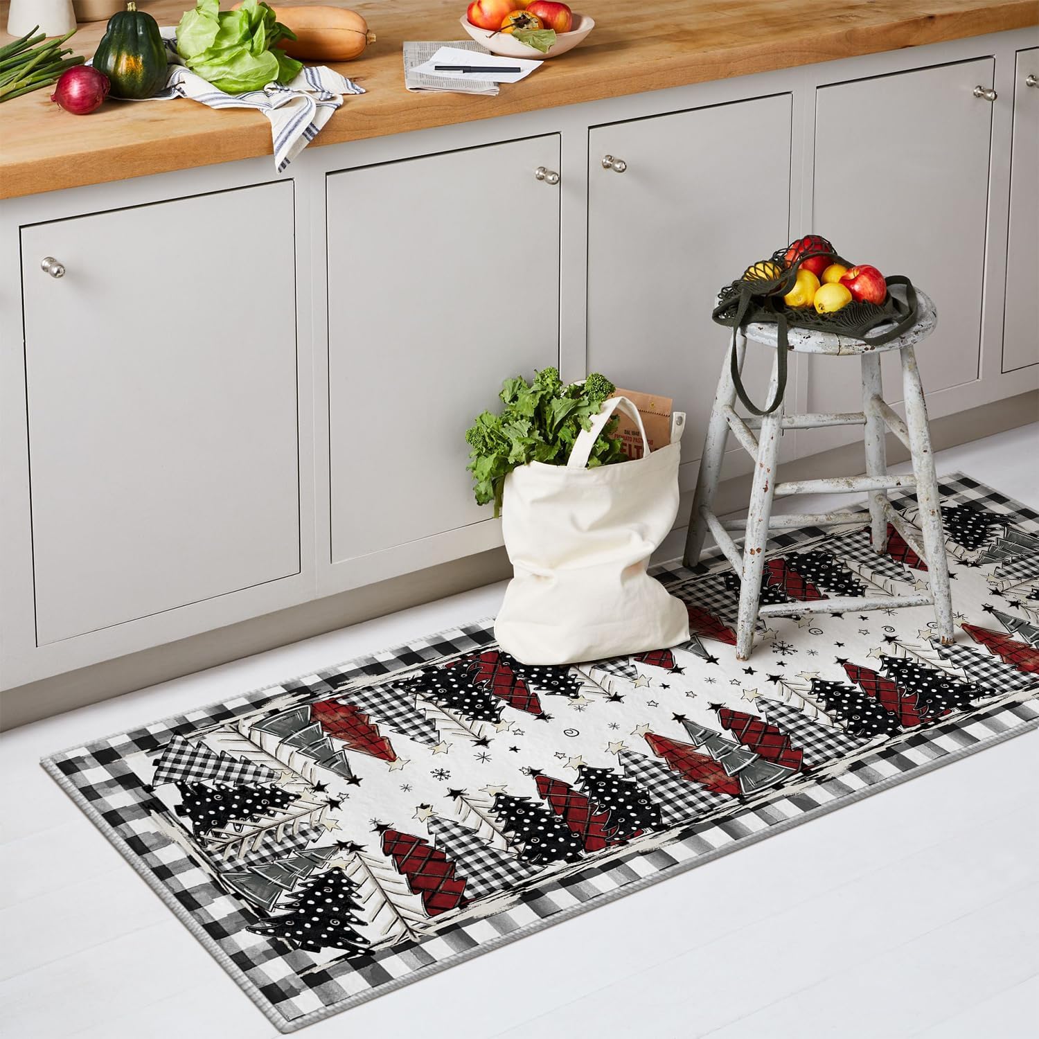 Artoid Mode Watercolor Buffalo Plaid Xmas Tree Merry Christmas Area Rug, Winter Home Decor Low-Profile Non-Slip Washable Runner Rug for Entryway Bedroom Living Room Laundry Room Indoor 2x6 Feet