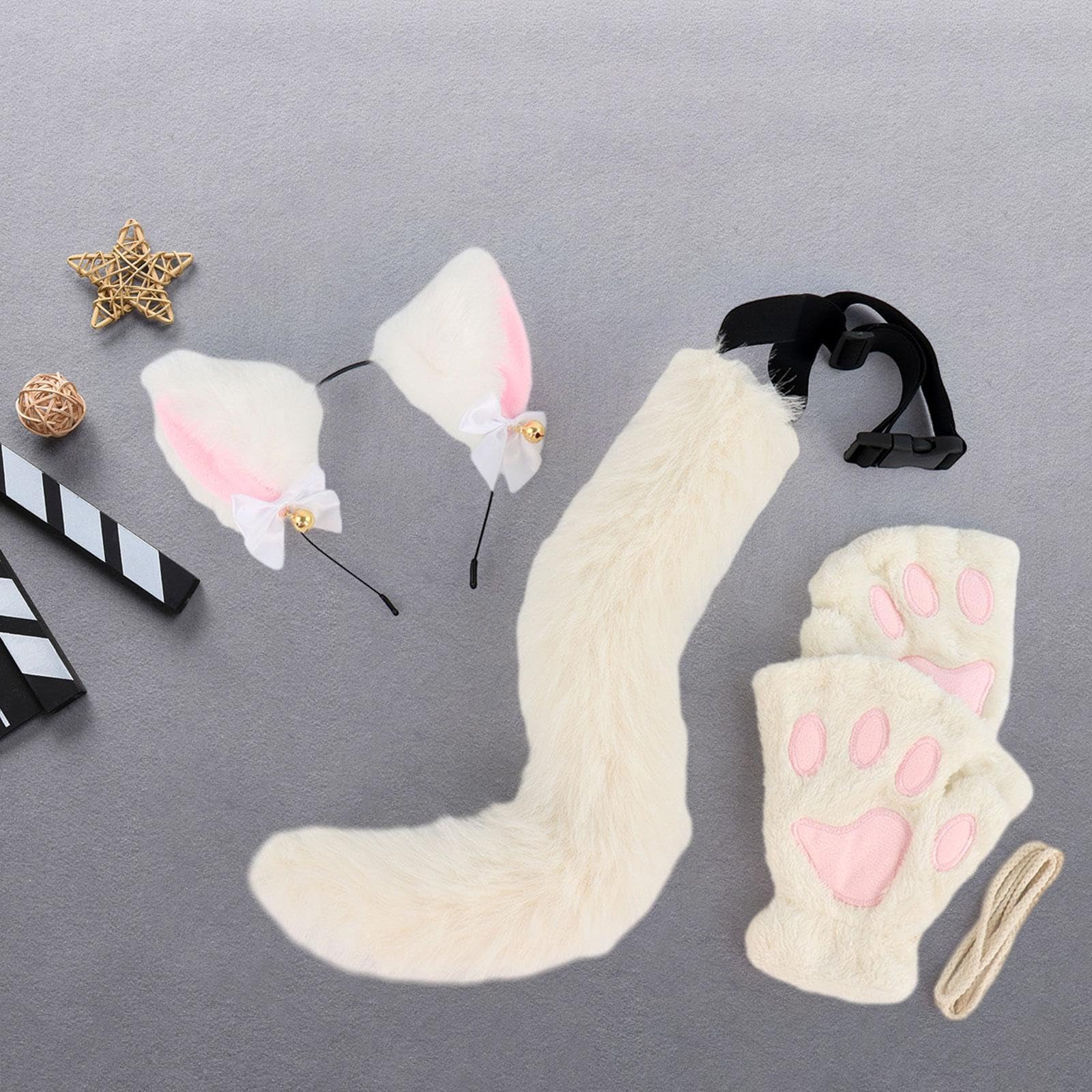 Set di Orecchie E Coda da Gatto per Feste a Tema, Cerchietto per Capelli con Orecchie di Peluche per Giochi di Ruolo Durante Le Vacanze, Grigio