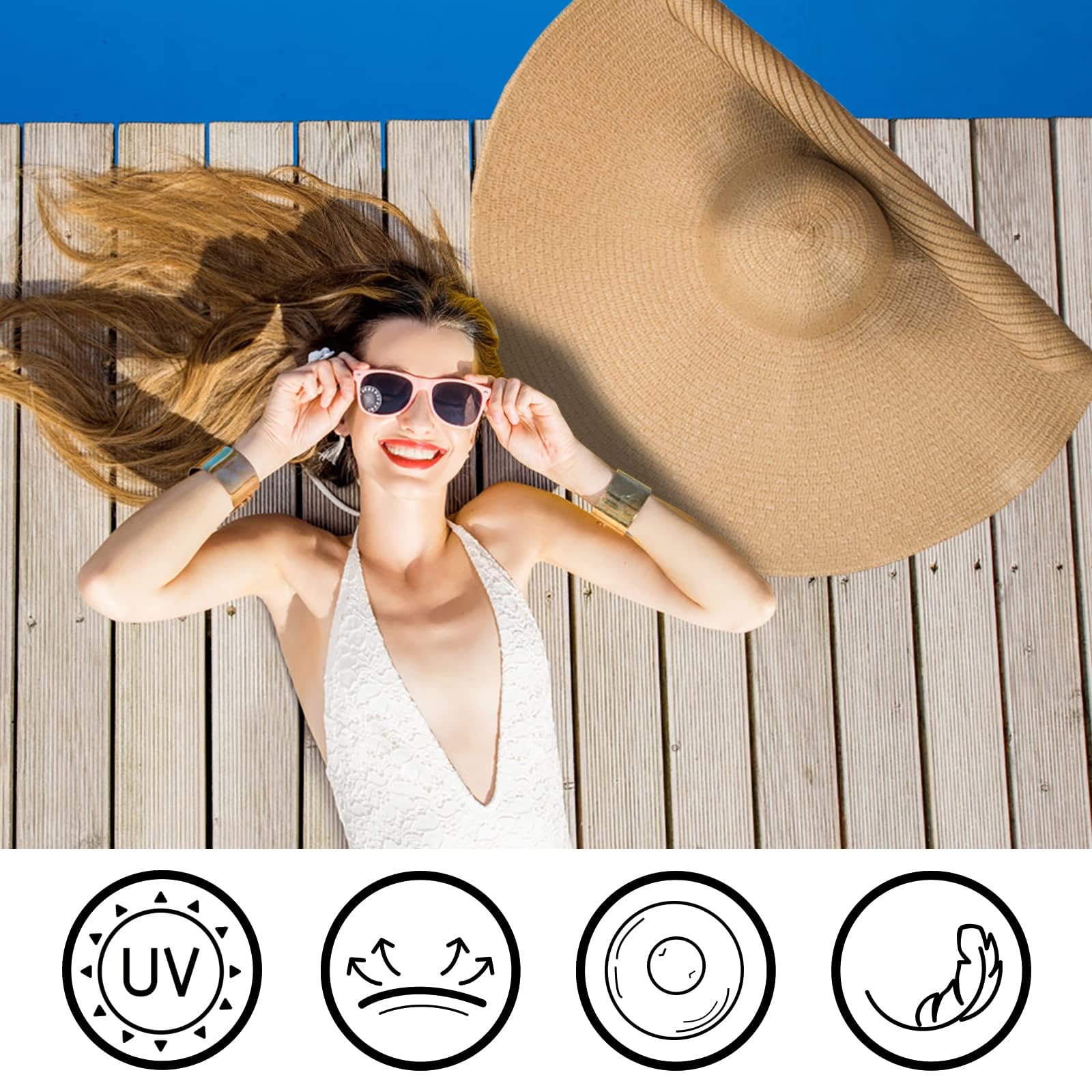 Cappello da Sole Donna, Moda Cappello di Paglia Pieghevole Tesa Larga Sovradimensionato Protezione UV Traspirante Cappelli da Spiaggia per l’Estate Viaggio Cachi