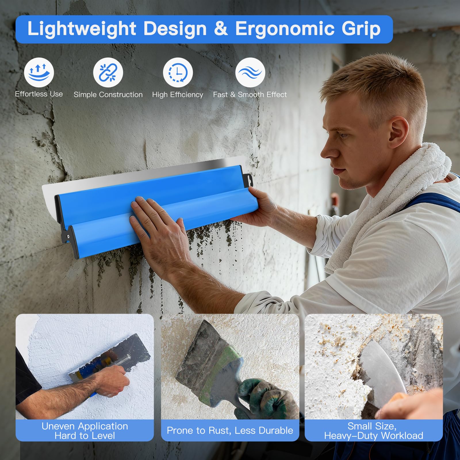 Kit de spatules de surface (250/400/600 mm) et tige télescopique de 0,97 m à 1,82 m avec adaptateur, kit de spatule de lissage multifonction pour grand espace de travail, décoration murale (Bleu) - 4