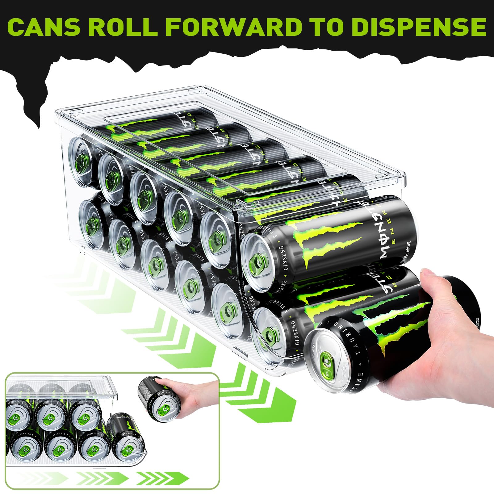 SCAVATA Paquete de 2 organizadores de latas de refresco para refrigerador para latas altas de 16 onzas y 17 onzas, dispensador de contenedores de bebidas apilables con tapa para refrigerador,