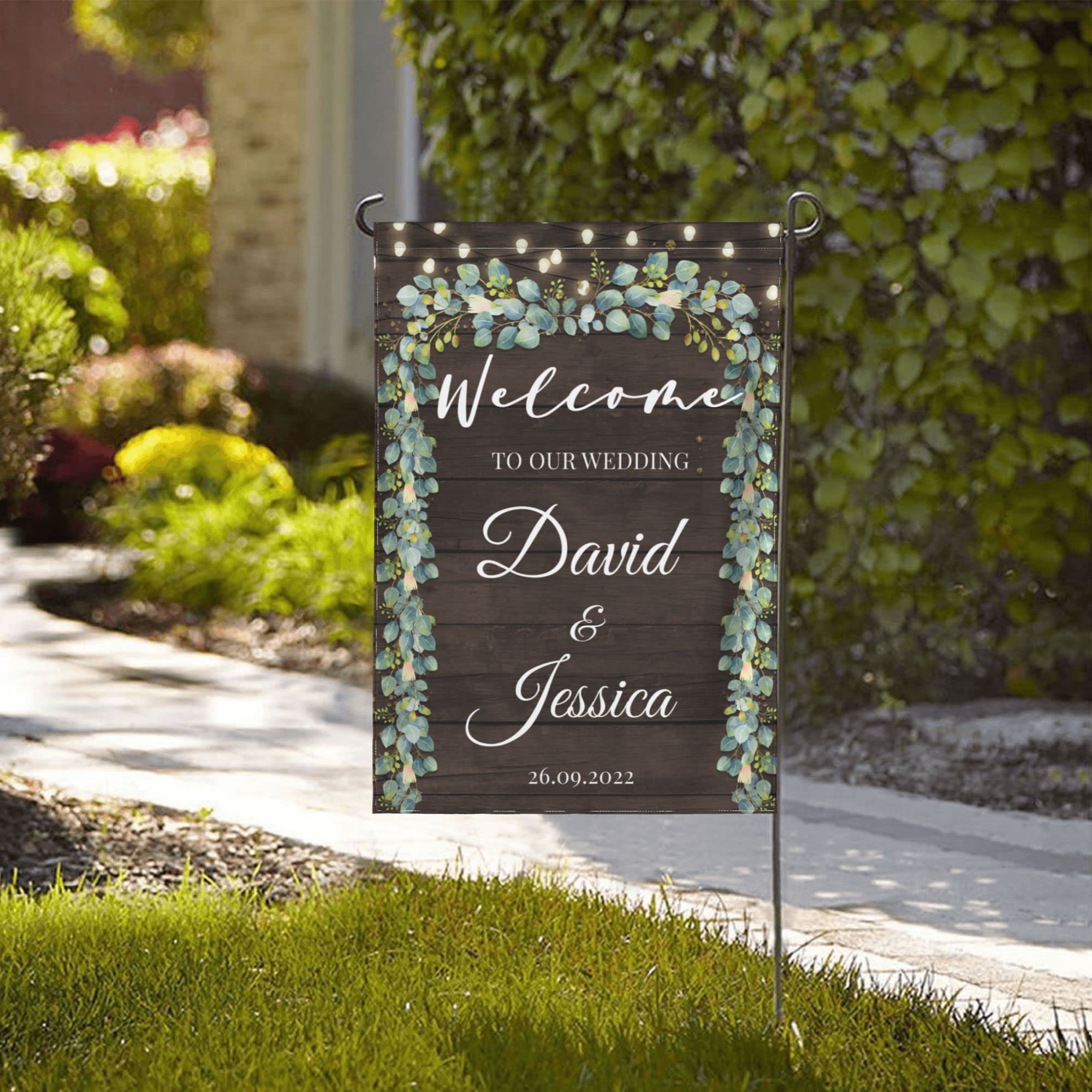 DEVONDESIGN Wedding Flag, 12" X 18" Double Sided Custom Wood Lights Elegant Leaves Greenery Wedding Flag with Name and Date, Rustic Reception Welcome