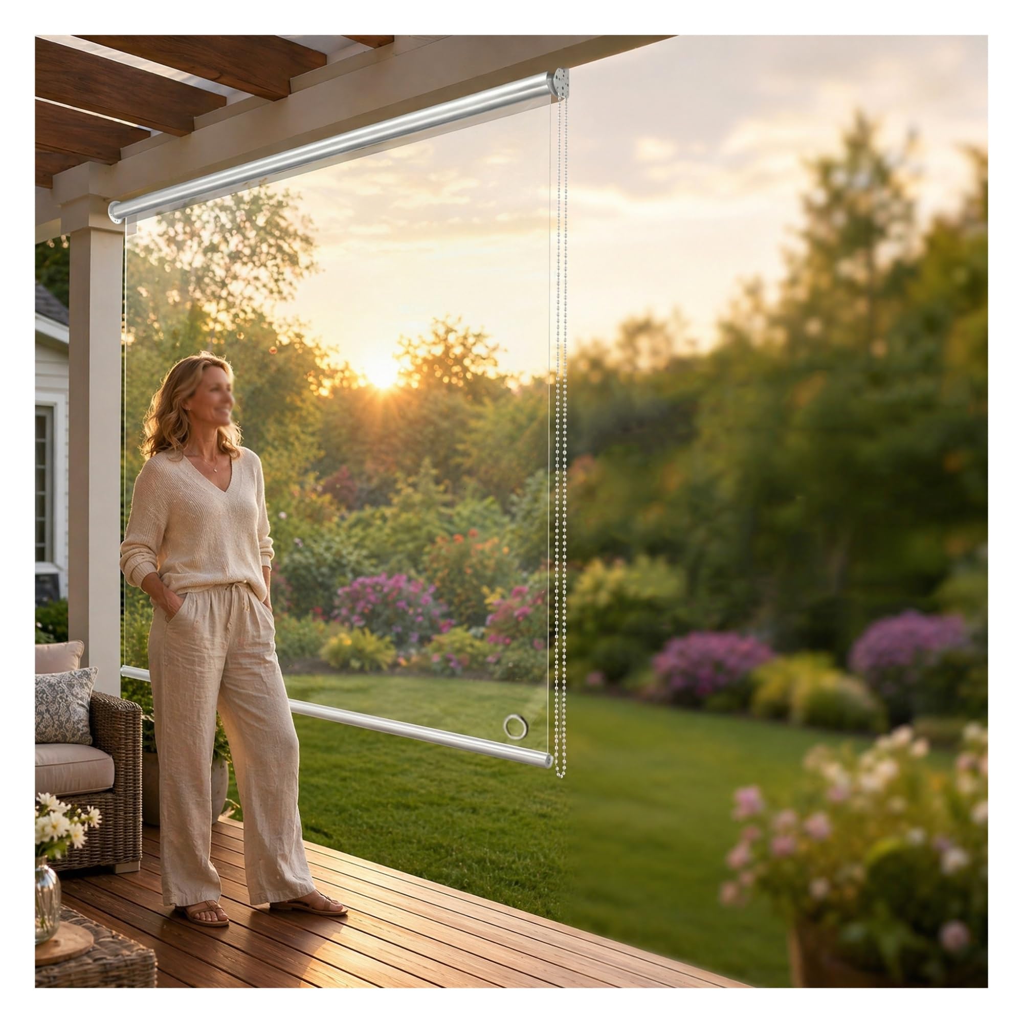 Outdoor Heavy-Duty Windproof & Waterproof,Clear PVC Roller Shade Thickened Insulated Vinyl Cover for Patio, Balcony, Window, Door and Garage, with Grommets(W145*H230cm/W57.08*H90.5in)