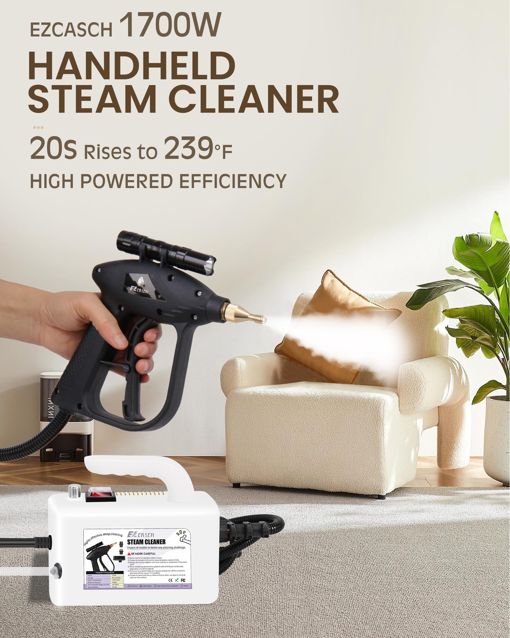 Ezcasch Steam Cleaner 1700W Pressurised Handheld Steam Cleaner 20s Rises to 239°F Deep Cleaning of Dirt and Grease with 3 types of nozzle brushes and 5L Water Bag for Home/Car Cleaning, White