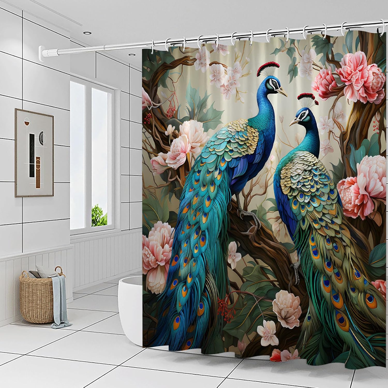 Peacock Shower Curtains Blue Beautiful Bird Pink Flower Two Peacocks Floral Plant Scenery Pattern Print Bathroom Decor Polyester Fabric Curtain Set 94 x 70 Inch with Hooks