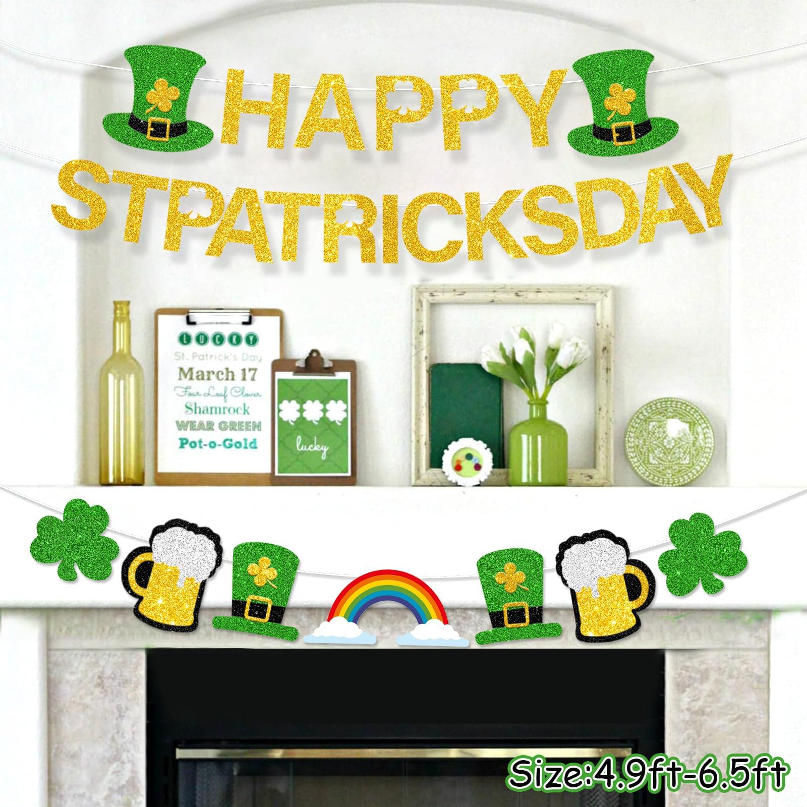 HiParty St. Patrick's Day Banner Set - Glitter Shamrock Garland, 27 Pcs Irish Party Decor For Home & Party