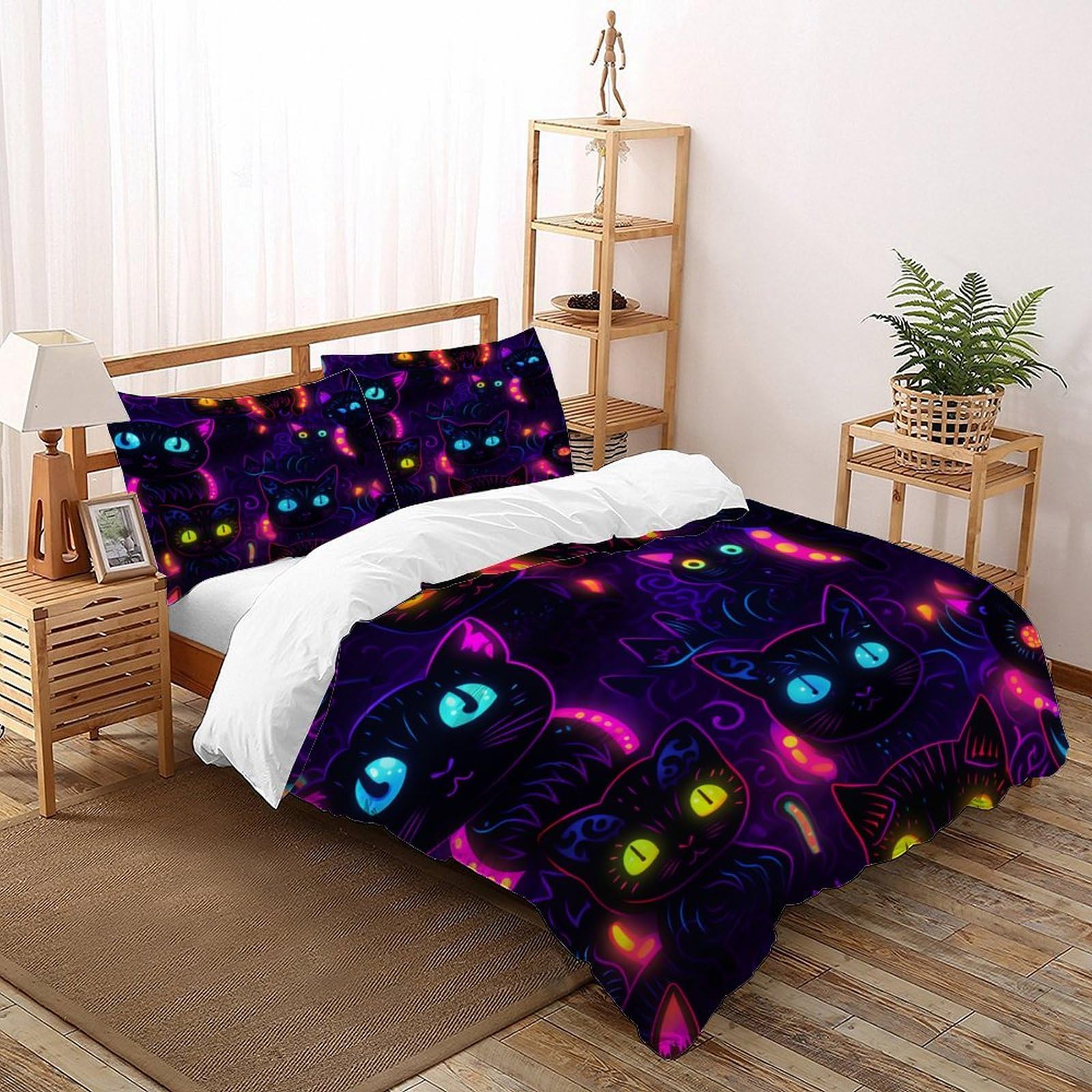 Parure de lit chat néon microfibre housse de couette super king 260x220cm
