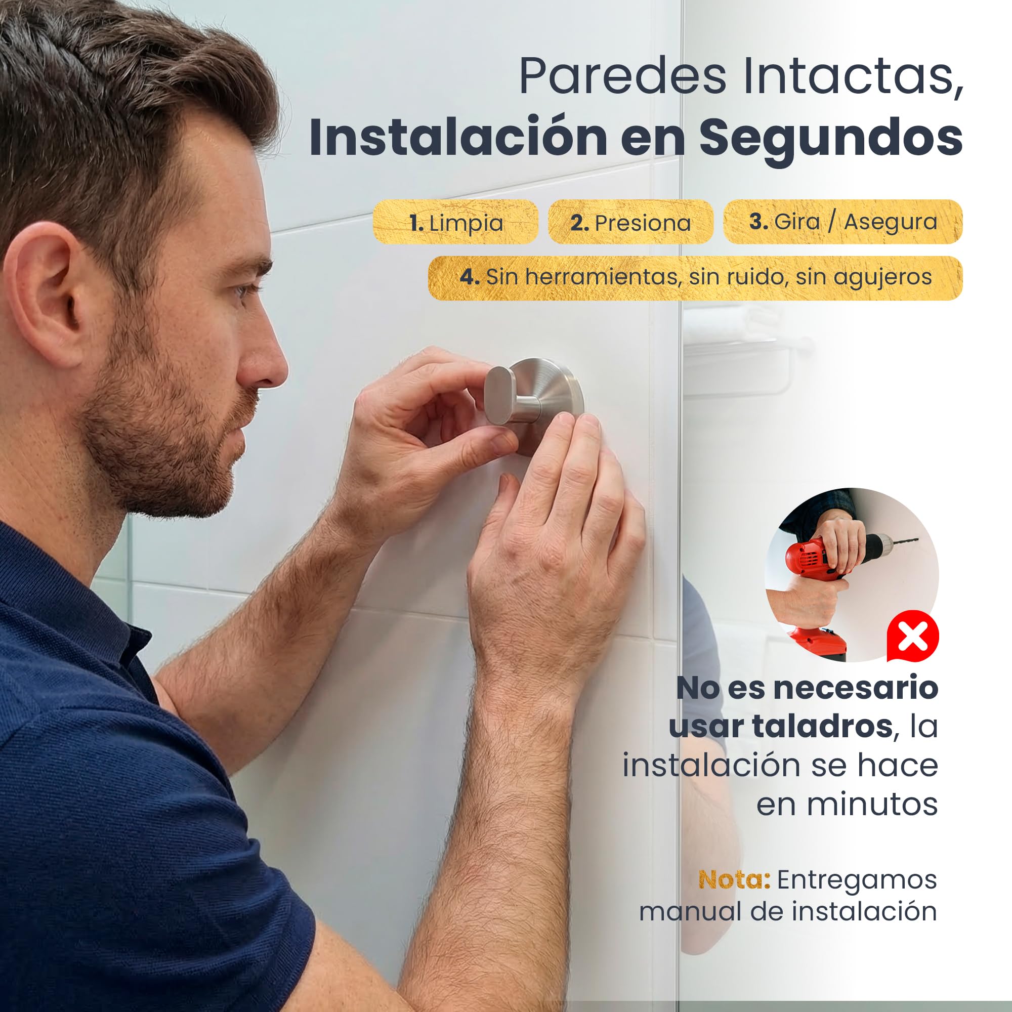 2 Toalleros de baño sin Taladro de Acero Inoxidable – Colgador Ventosa Resistente hasta 8 kg – Ideal Accesorios baño sin Taladro y Accesorios Cocina