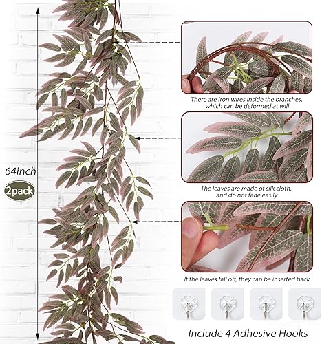 Miniatura 6 de Guirnalda de hiedra de hojas de sauce artificial colgante, 2 unidades, 5.7 pies, guirnalda de hiedra, planta colgante falsa, sauce sintético,