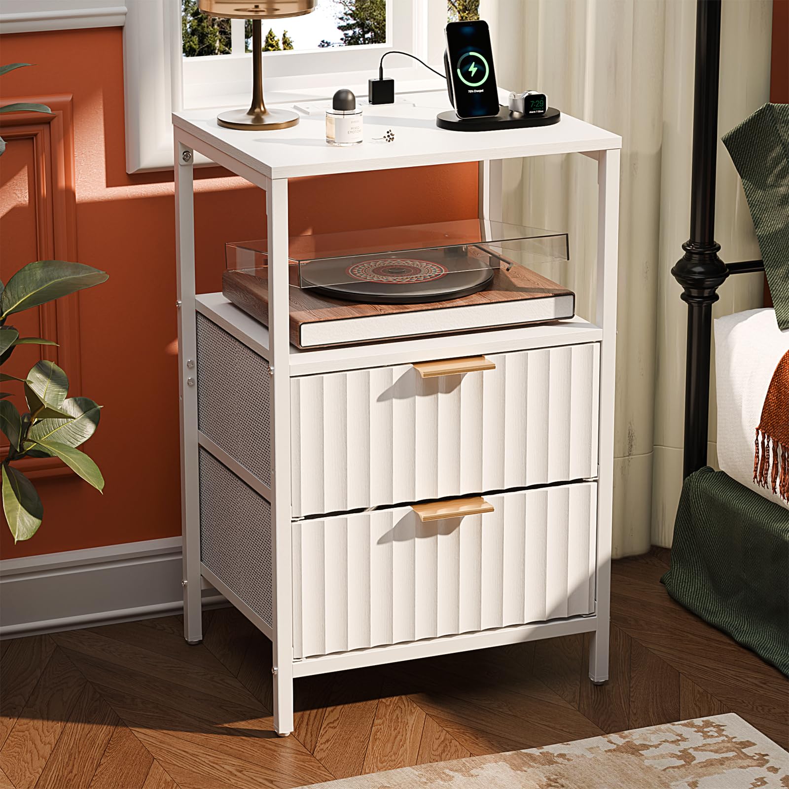 VINGLI White Nightstand with Charging Station and Fabric Drawers, Fluted Nightstand with Drawers, White Side Table/Night Stand with Charging Station for Bedroom, Dorm, 14.96" W*11.81" D*23.78" H