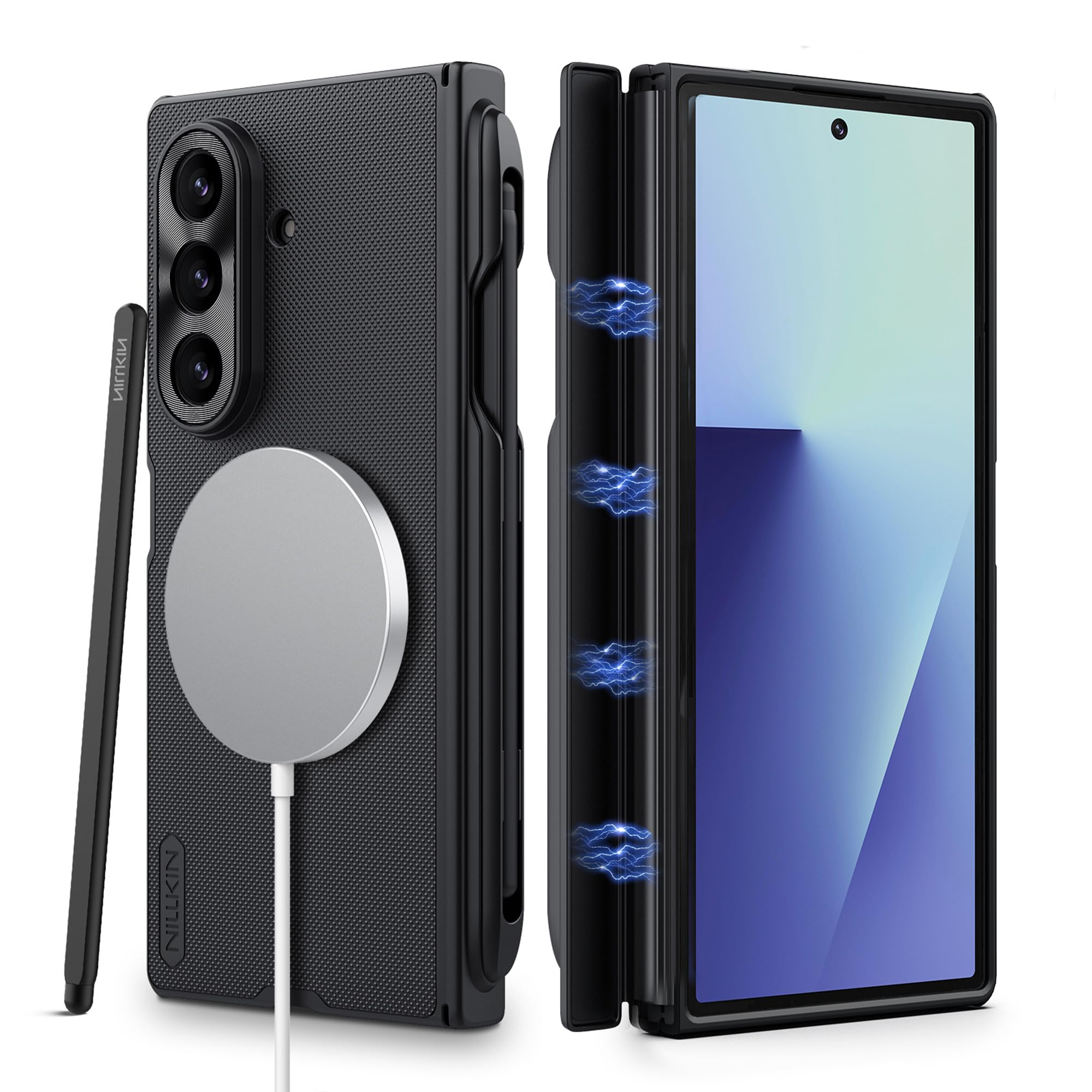 Nillkin 【ペン付き】Galaxy Z fold7対応ケース ヒンジ保護 耐衝撃 ワイヤレス充電対応 マグネット吸着 ギャラクシー Z Fold7 ケース カバー すり傷防止 薄型 上質 ビジネスに最適（ブラック）