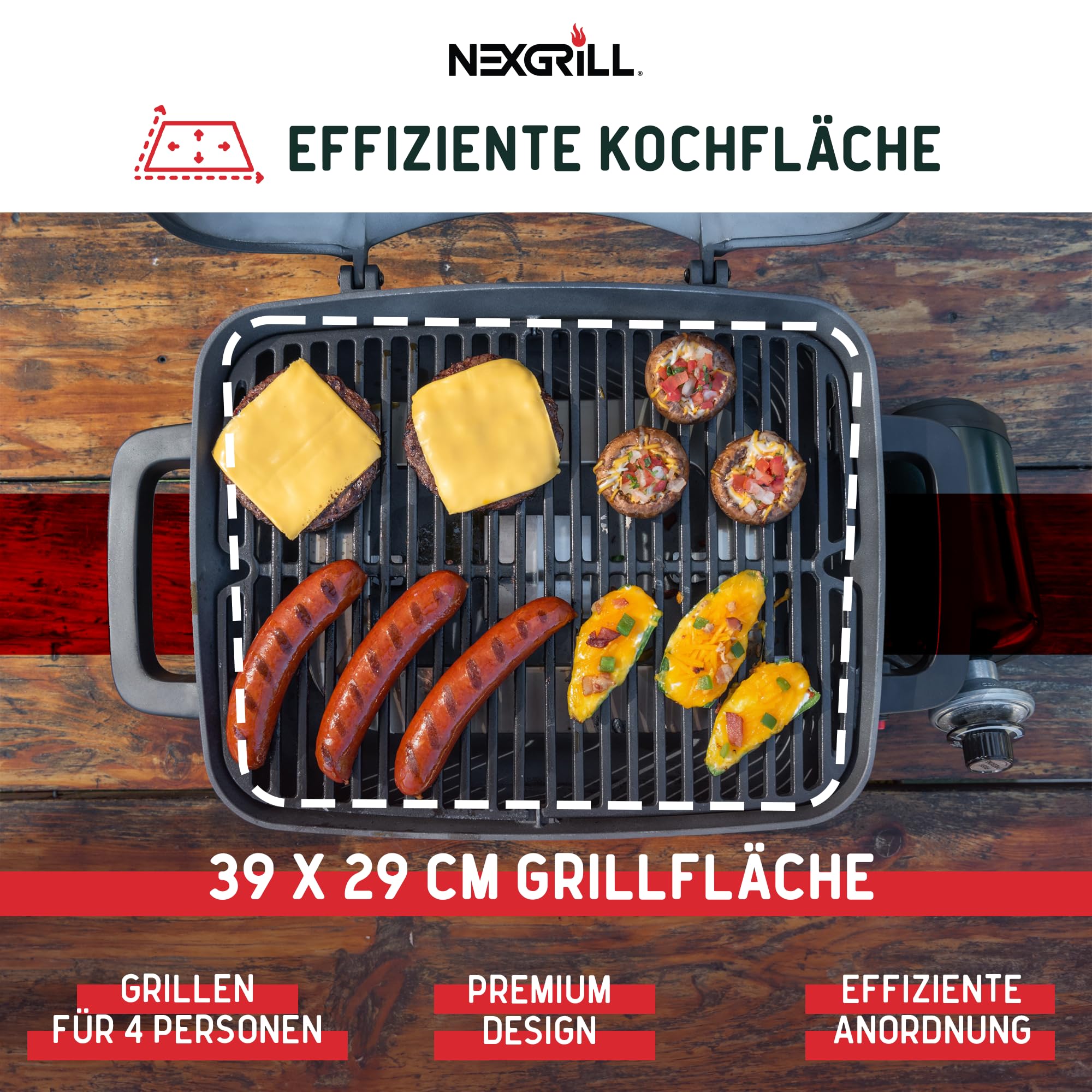 Nexgrill Gasgrill klein & tragbar für bis zu 300° – Tischgrill Gas für Balkon & Camping, Kleiner Grill mit Deckel, Gusseisenrost, 3,1 kW Edelstahlbrenner, Piezozündung, Mini Gasgrill kompakt