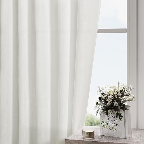 Miniatura 3 de Nanspring Cortinas blancas sólidas de 96 pulgadas de largo, 2 paneles con pestaña trasera, cortinas de lino transparente, decoración costera
