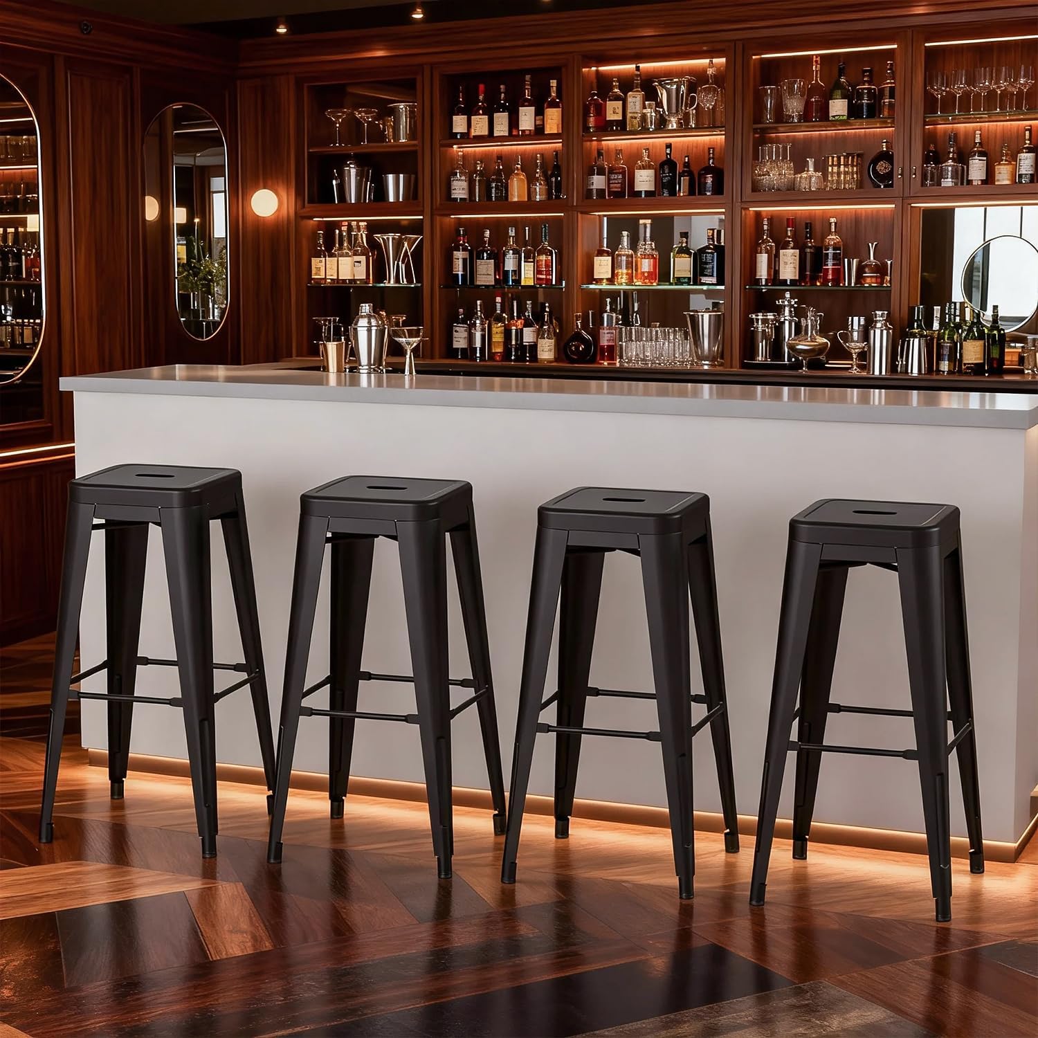 Stackable Metal Bar Stool Backless Indoor-Outdoor Counter Stools Fullmetal Dinning Chairs Set of 4 (Black, 30 Inch)