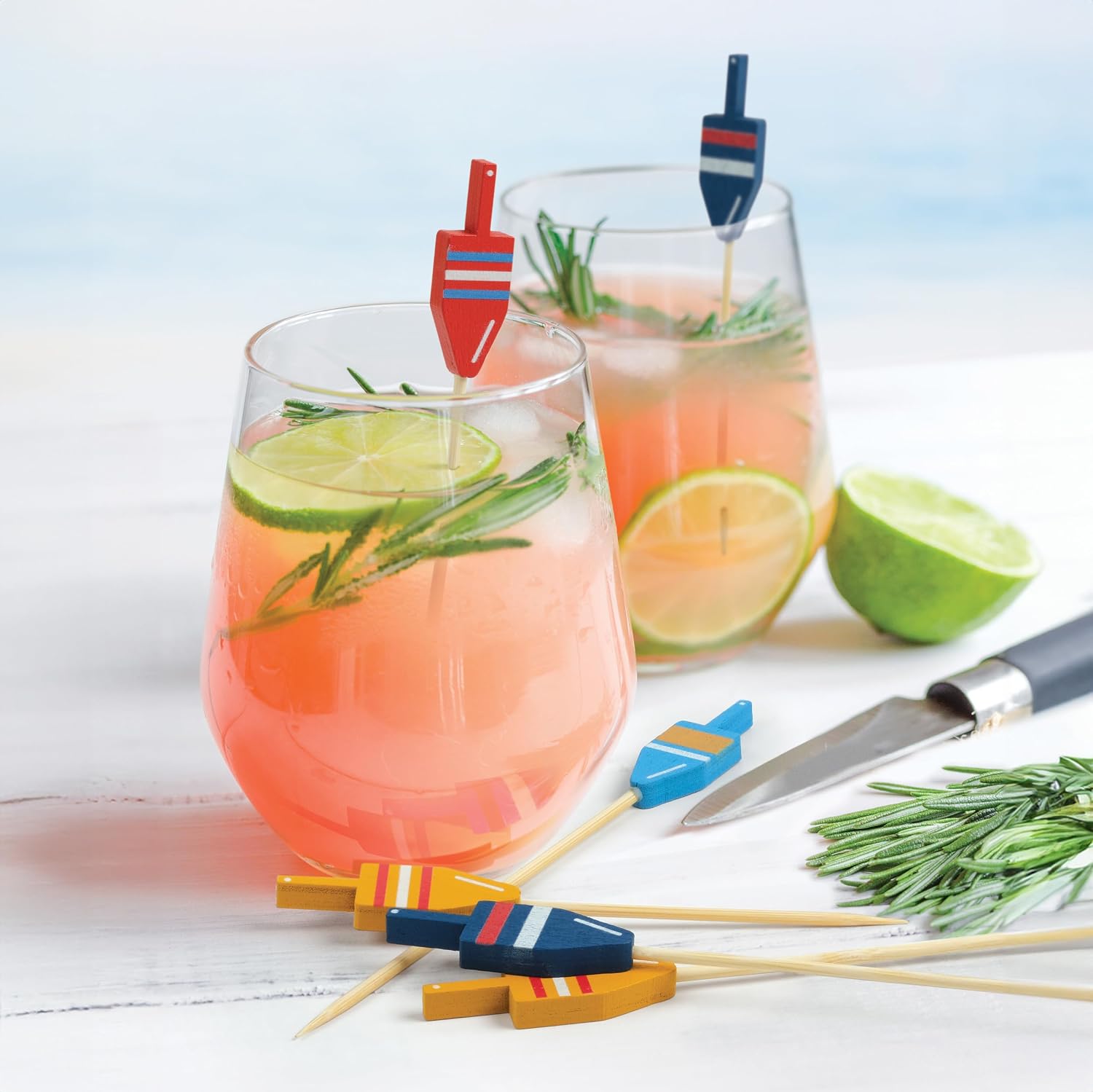 Genuine Fred BAR BUOYS Set of 24 Wooden Cocktail Picks for drinks, appetizers, sandwiches Nautical Design