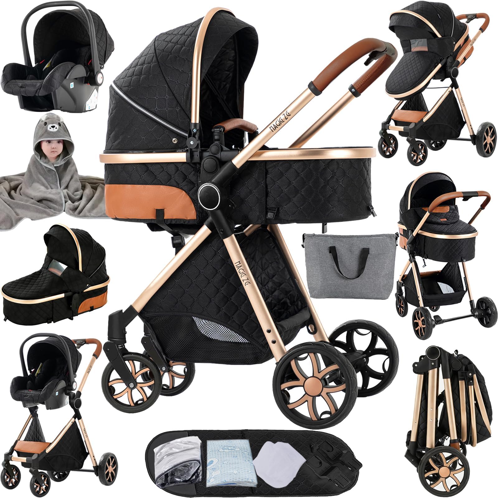 Magic ZC 4 in 1 Pushchair Pram Baby Stroller, Travel System 4 in 1 with Reversible Two Pushing Modes, Toddler Infant Buggy with One-Click Folding, Newborn Carriage Aluminium Frame (688 Yellowish)