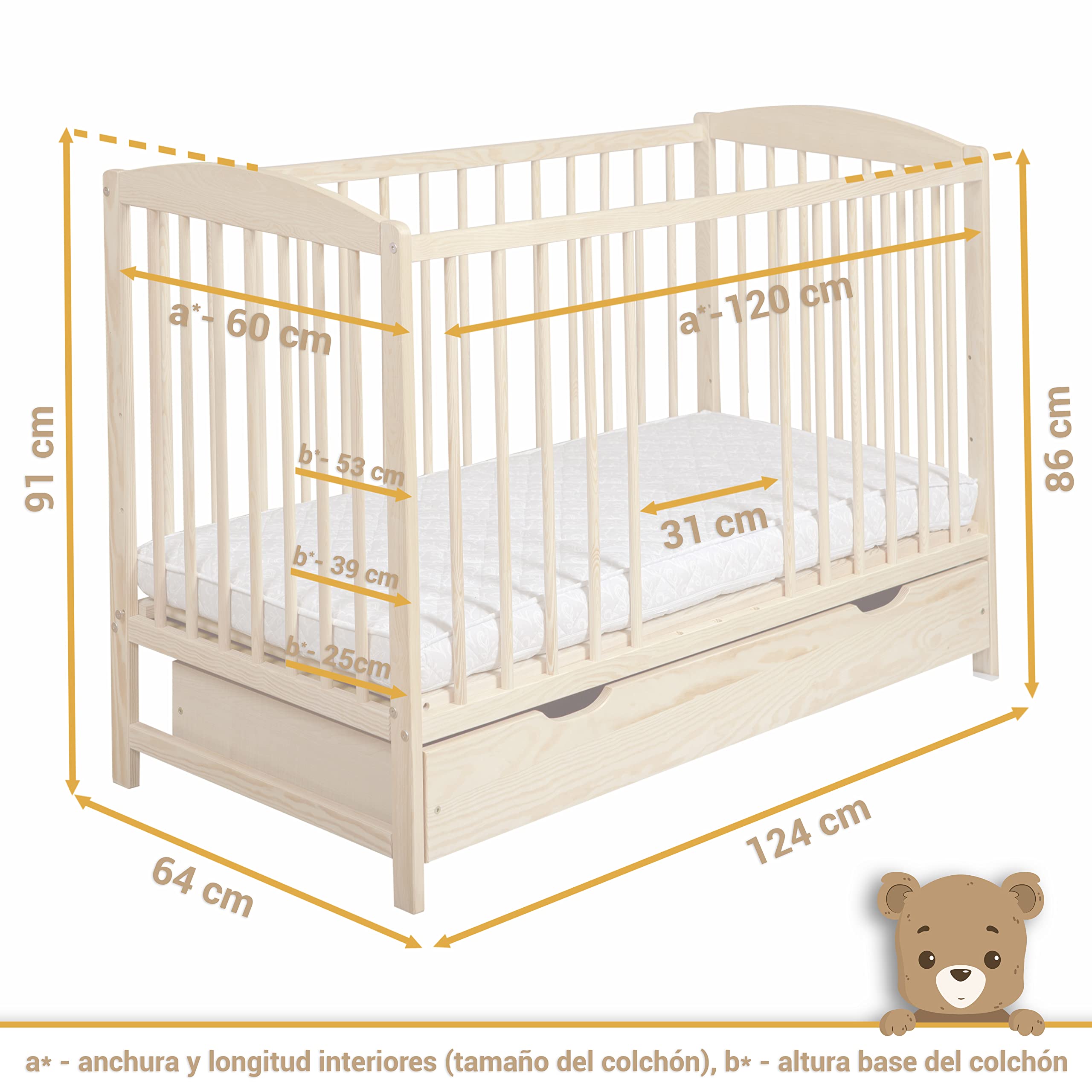 Cuna Bebe con Cajón - Cuna Bebe Madera con Barandillas de Protección - 60x120cm - Regulable en Altura - Cuna para Bebe Convertible en Cama Infantil - Cuna de Bebe para Niñas y Niños Marrón