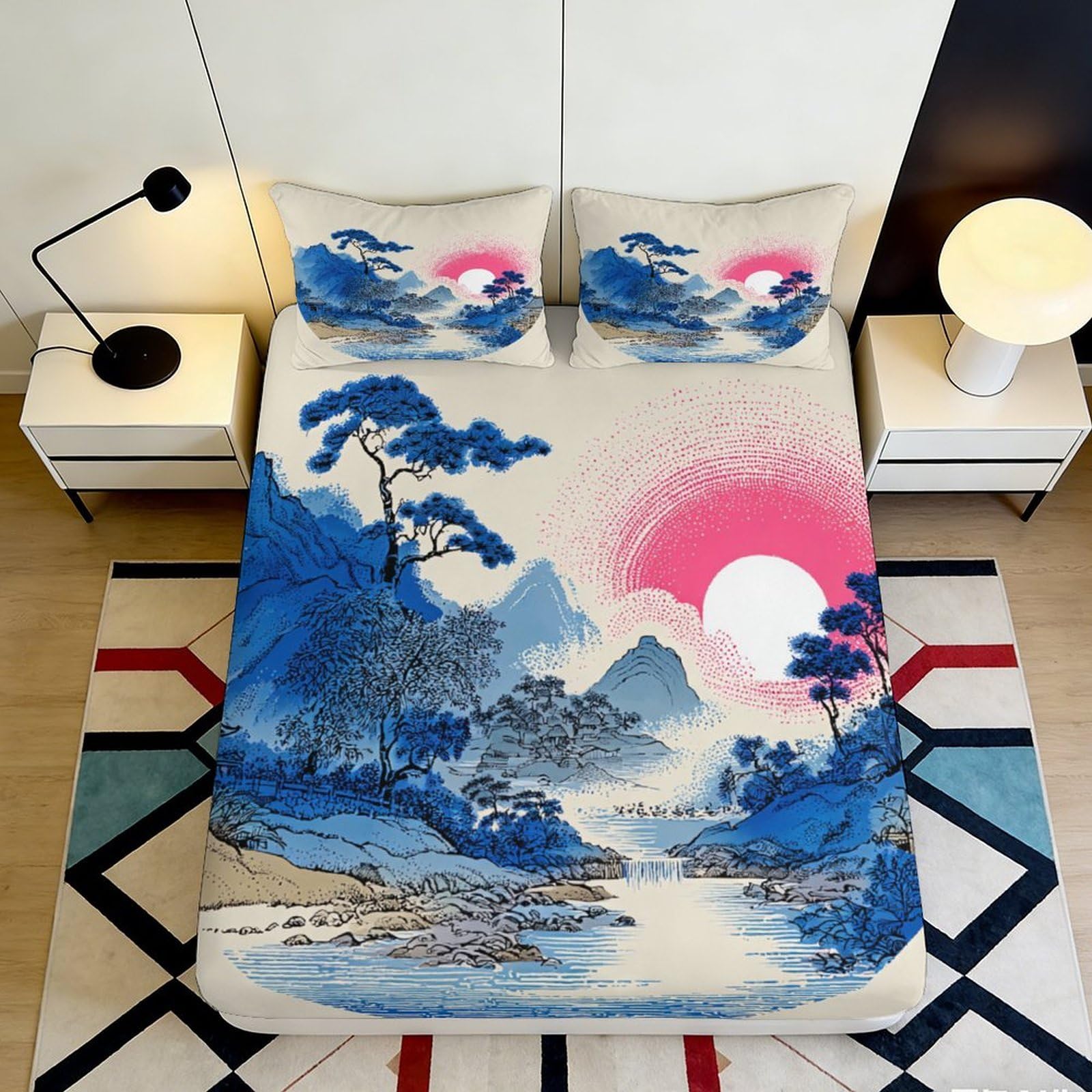 3D Printed Landscape Fitted Sheet Microfiber Deep Pocket Bedroom Bedding Set Landscape Mattress Fitted Cover Elastic Hem Washable for Adults 120x200x25cm