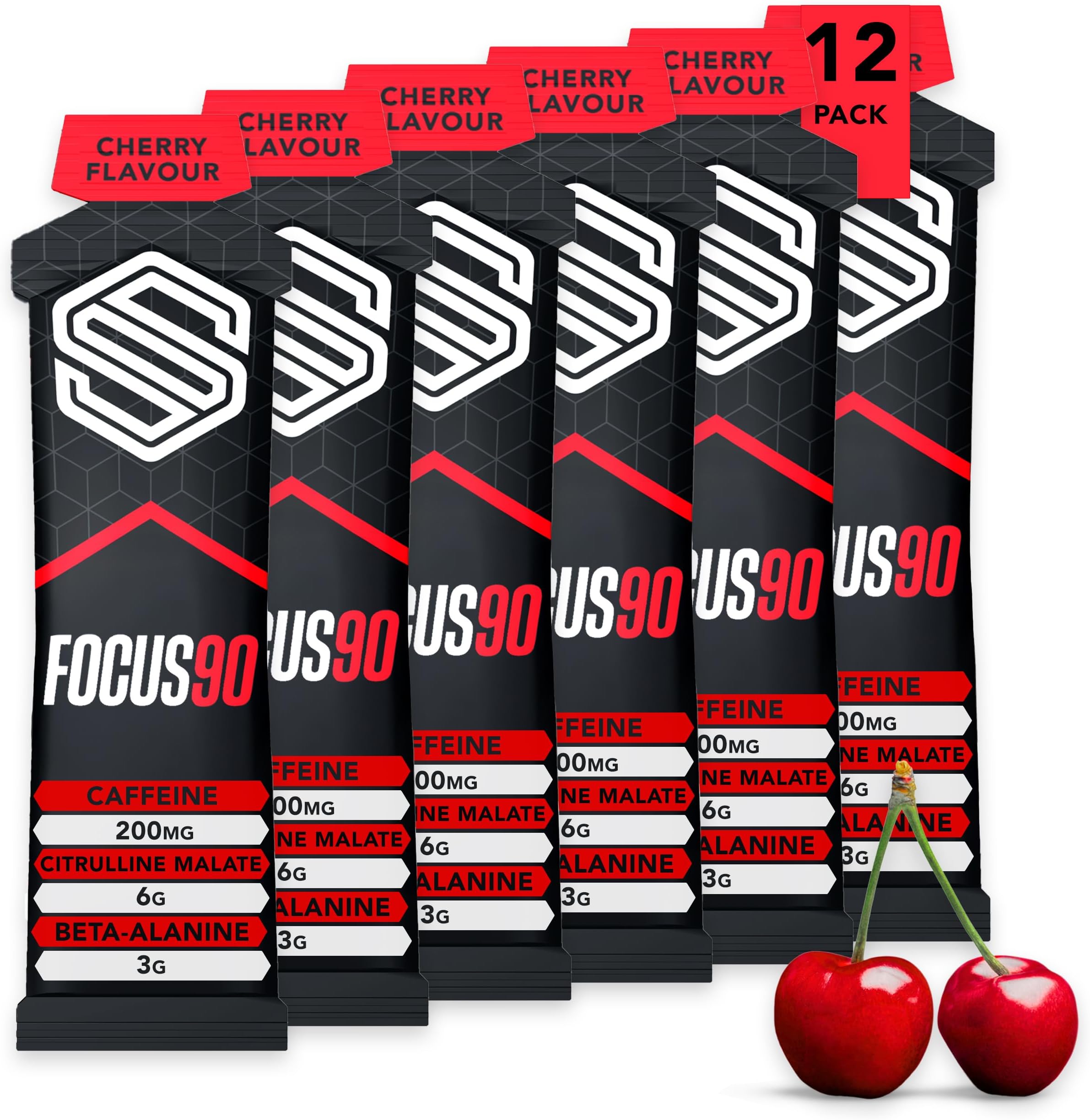 Soccer Supplement Focus90 Caffeine Energy Gels (12 Pack) Cherry Flavour, Quick Release Football, Pre Workout & Running Gels with Beta Alanine & Citrulline Malate