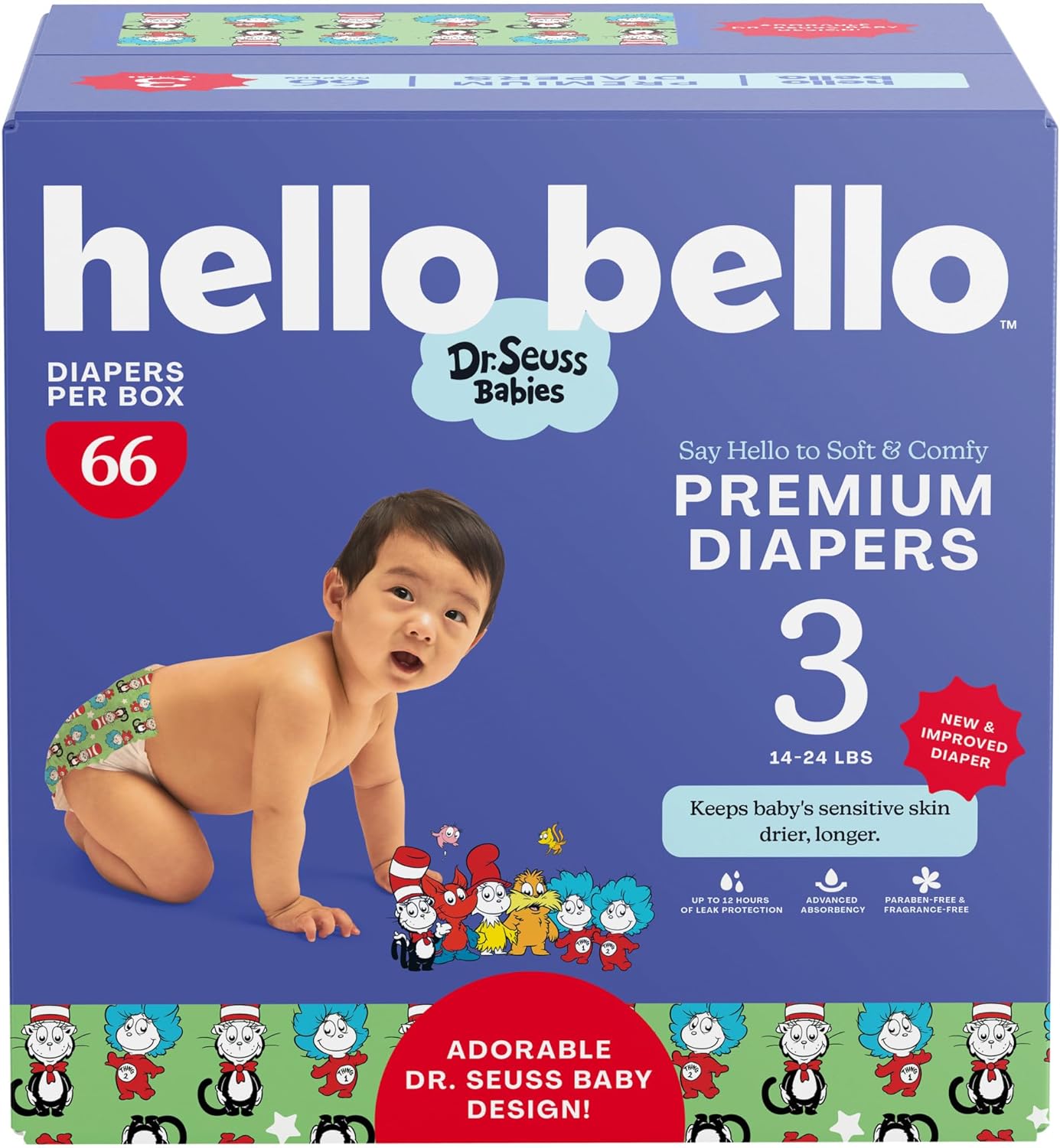 Hello Bello Dr. Seuss Babies Premium Diapers, Size 3, 66 Count: Softness & Protection for Sensitive Skin Size 3 Dr. Seuss Babies