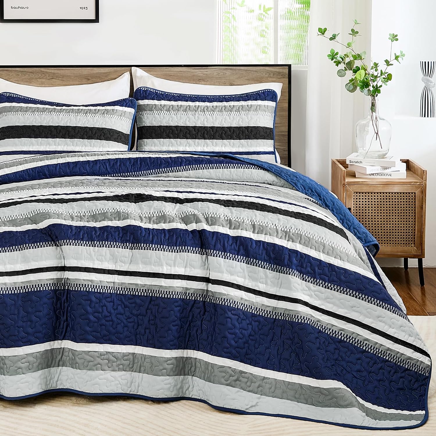 WONGS BEDDING Quilts Queen Size, Navy Blue Quilt Bedspread Bedding Set, Summer Queen Coverlet Sets with Shams, 3 Pieces Lightweight Striped Quilt for Bed(96"x 90") - Image 8