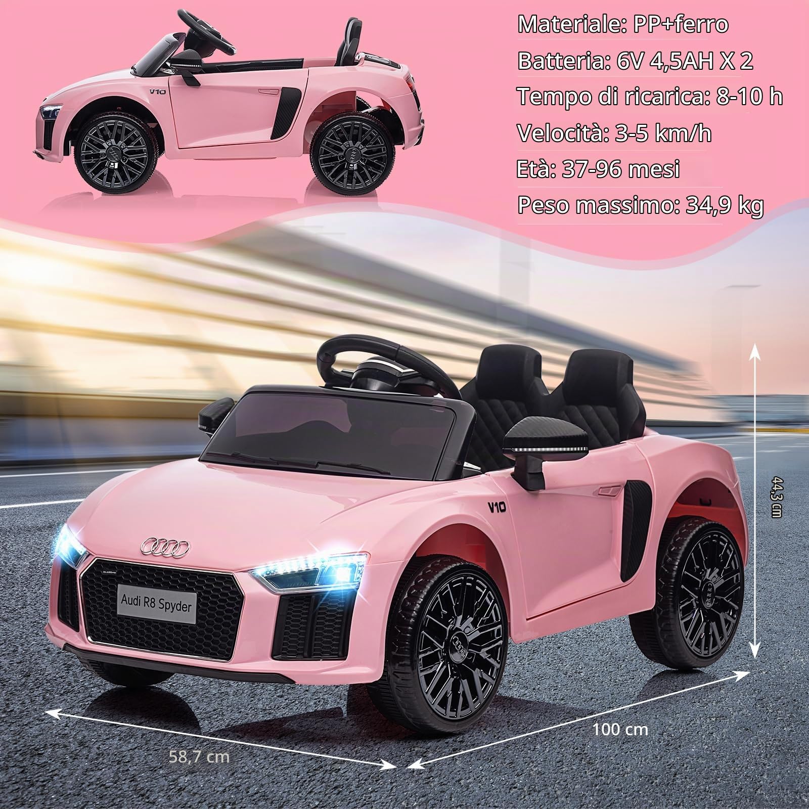 Macchina Elettrica per Bambini 3-8 Anni 12V, Auto Elettrica Polizia con Licenza Ufficiale Audi Spyder, Telecomando Genitori, 3 Marce, Sospensione, LED, Musica, Clacson, Colore Rosa