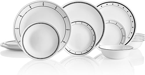 Miniatura 2 de Corelle Vitrelle - Juego de vajilla de 18 piezas para 6 vajillas color blanco y negro y Vitrelle juego de 6 tazones redondos ligeros de 20 onzas