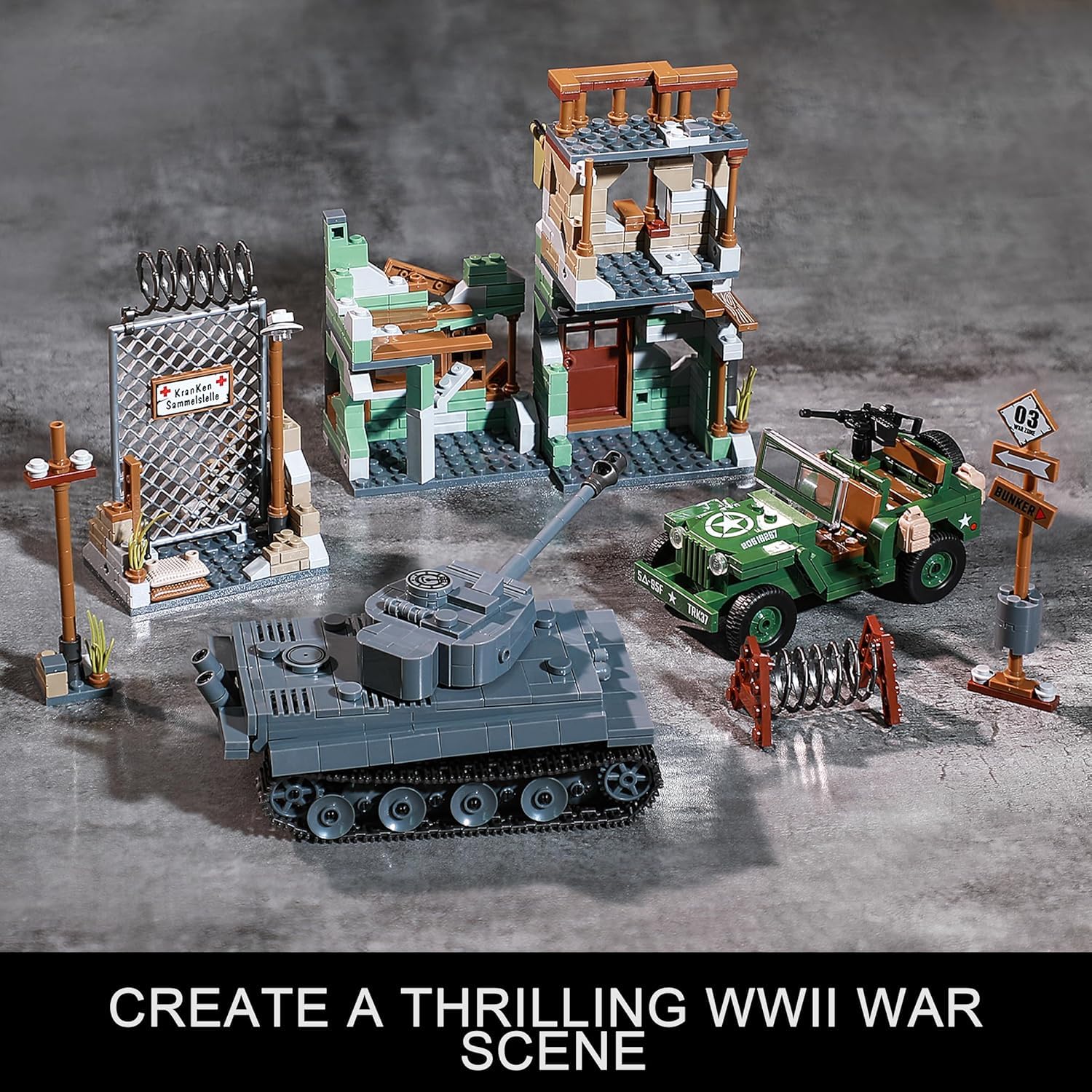 WW2 Military Base Building Set Compatible with Lego, Historical Army Toys Model Kit, Includes German Tiger I Tank, US Willys MB Vehicle & Bombed House, Gift Idea for Kids, Teens & Adults
