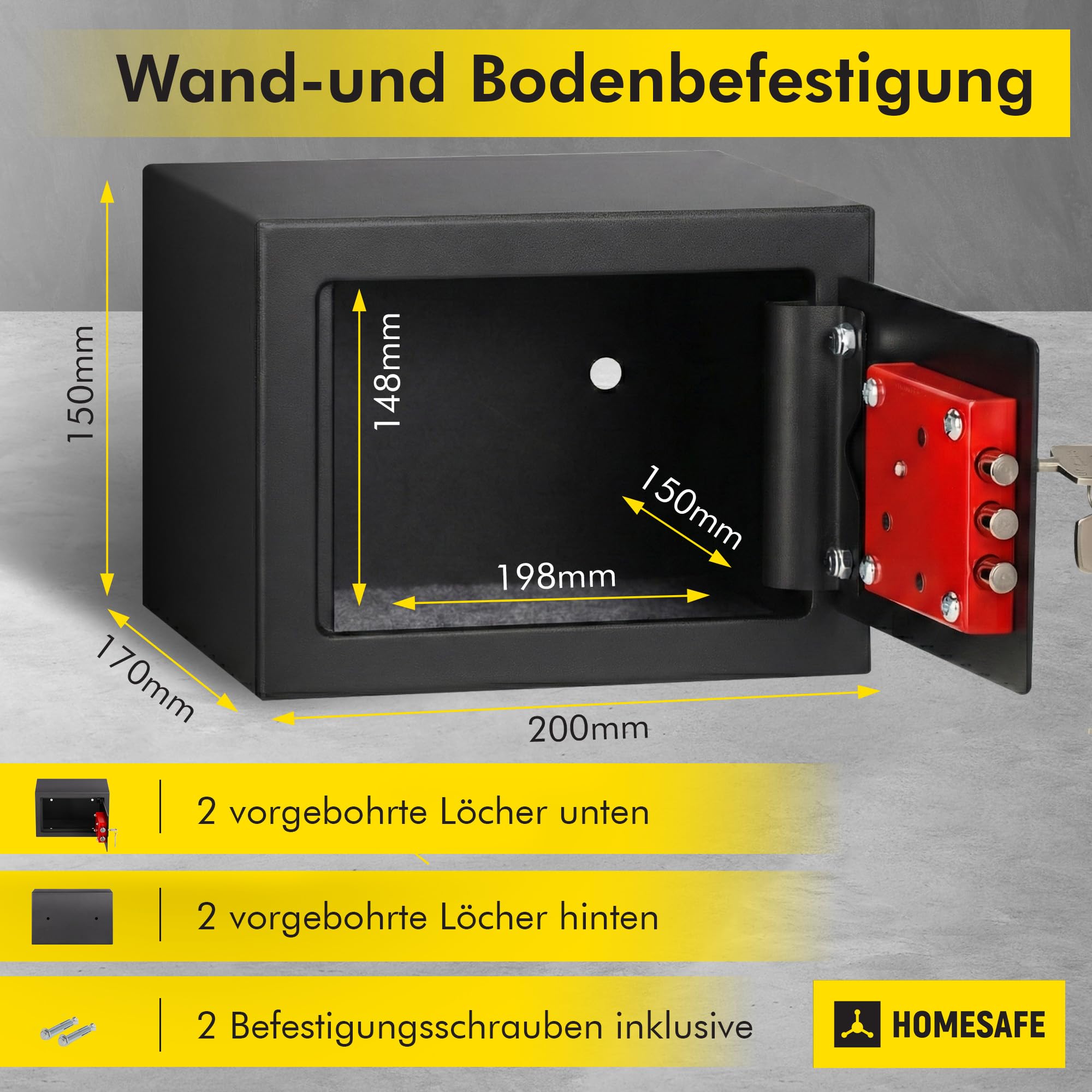 Homesafe HV15K Tresor Safe mit Schlüssel-Schloss, 15x20x17cm (HxWxD ), Carbon Satin Schwarz