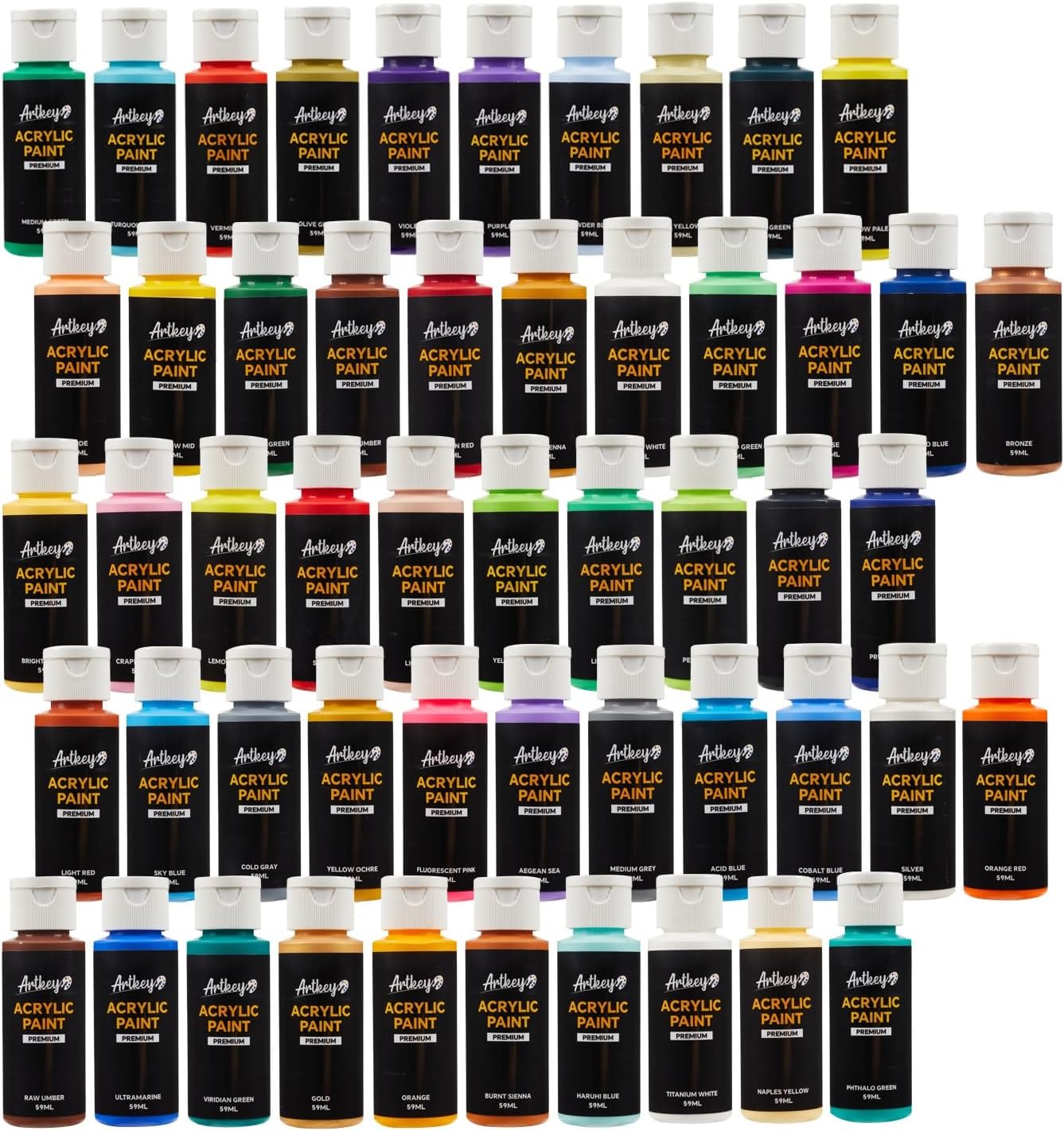 Artkey Acrylic Paint Set - 52 Colors 2 oz/59 ml Acrylic Paints Professional Artists Painting Kit for Canvases Fabric Rock Leather Easter Egg Wood Ceramic Glass Art Craft Painting