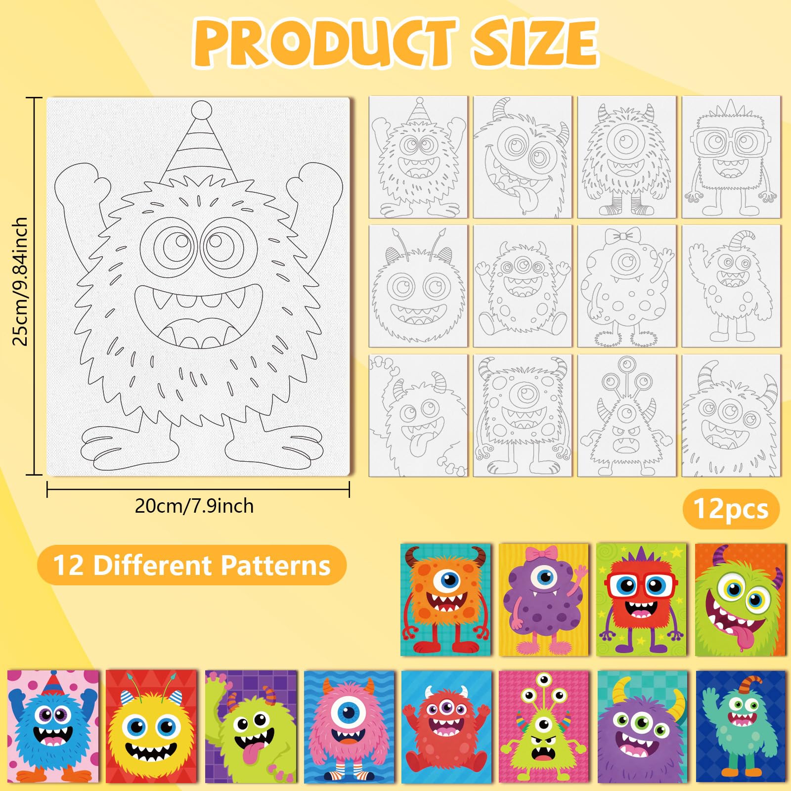 MAYJOYDIY 12 tele pre-disegnate con piccoli mostri per dipingere occhiali cartoni animati, tela prestampata per adulti, 24 x 20 cm, occhi grandi, corna doppie, forniture artistiche fai da te per