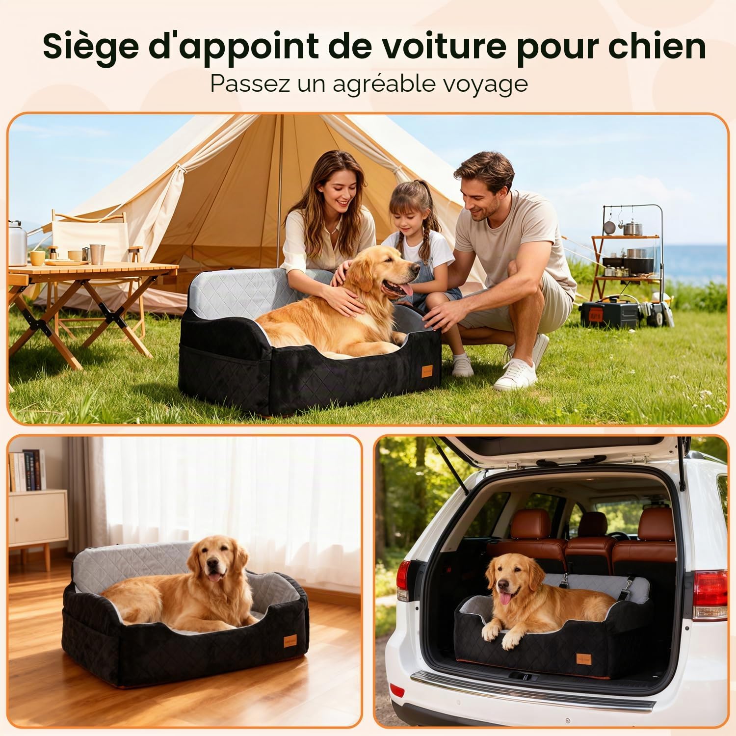 Siège Auto pour Chien de Moins de 25 kg, 80 x 50 x 42 cm | Cojín de 71 x 42 x 10 cm, funda extraíble y lavable, base antideslizante, 2 correas de seguridad
